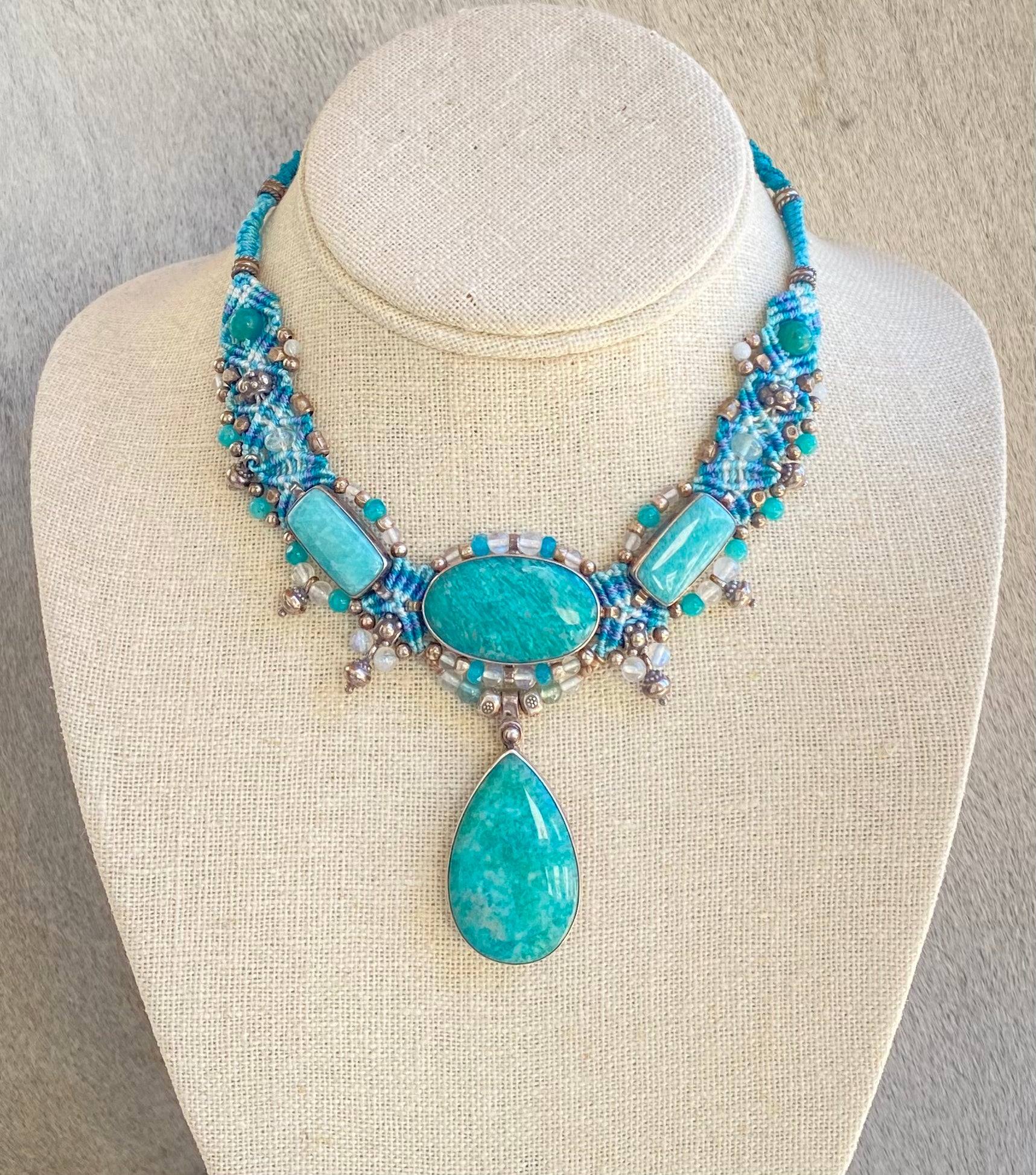 Amazonite Large Drop Macramé Necklace - Handmade Bohemian Beaded Jewelry for Women | Perfect for Yoga, Meditation & Boho Fashion
