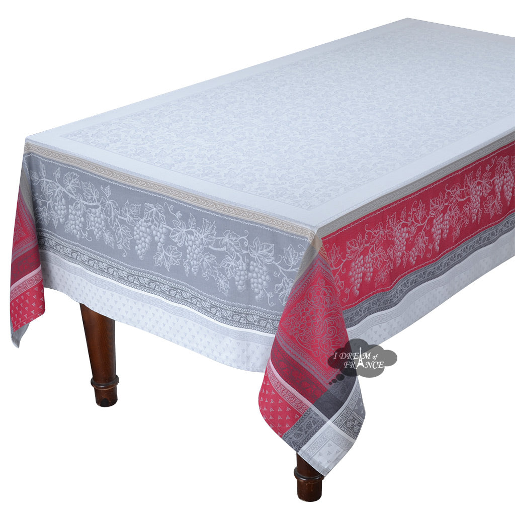 Tissus Toselli 62x98 Inch Rectangular French Jacquard Tablecloth - Elegant Winery Red & Gray Design for Dining Room, Wedding, and Holiday Decor