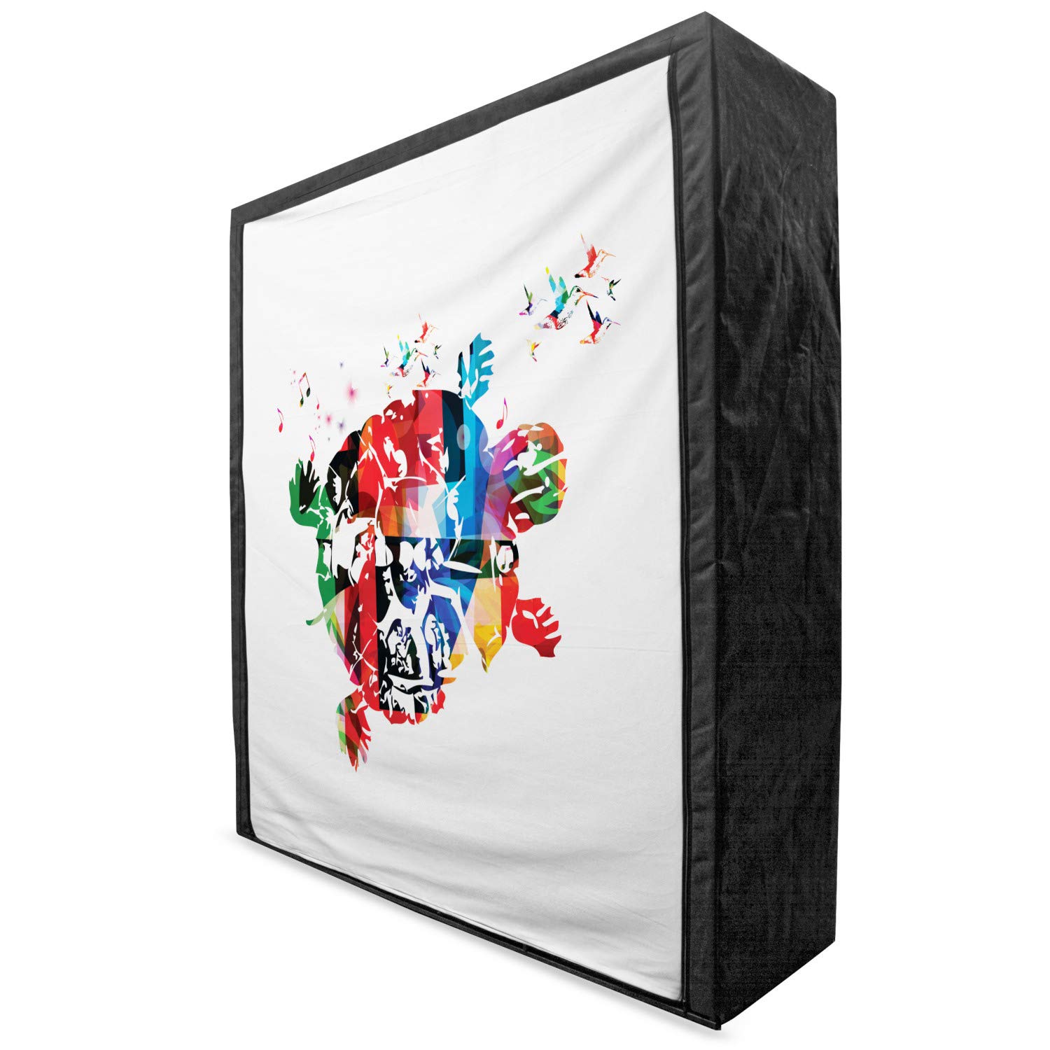 Ambesonne Colorful Portable Fabric Wardrobe - Abstract Turtle with Hummingbirds & Musical Notes Design, 59 Inch Closet Organizer with Shelves for Bedroom Storage | Perfect for Small Spaces, Dorm Rooms & Travel Use
