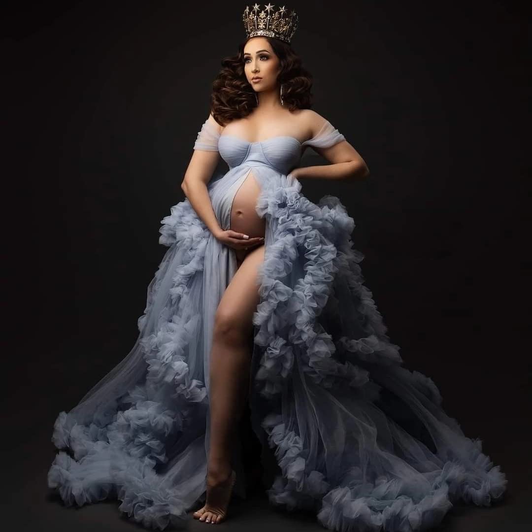 Elegant Women's Tulle Maternity Gown - Sheer Ruffled Babyshower & Bridal Photoshoot Dress, Lingerie & Bathrobe for Pregnancy Photos, Maternity Shoot & Special Occasions