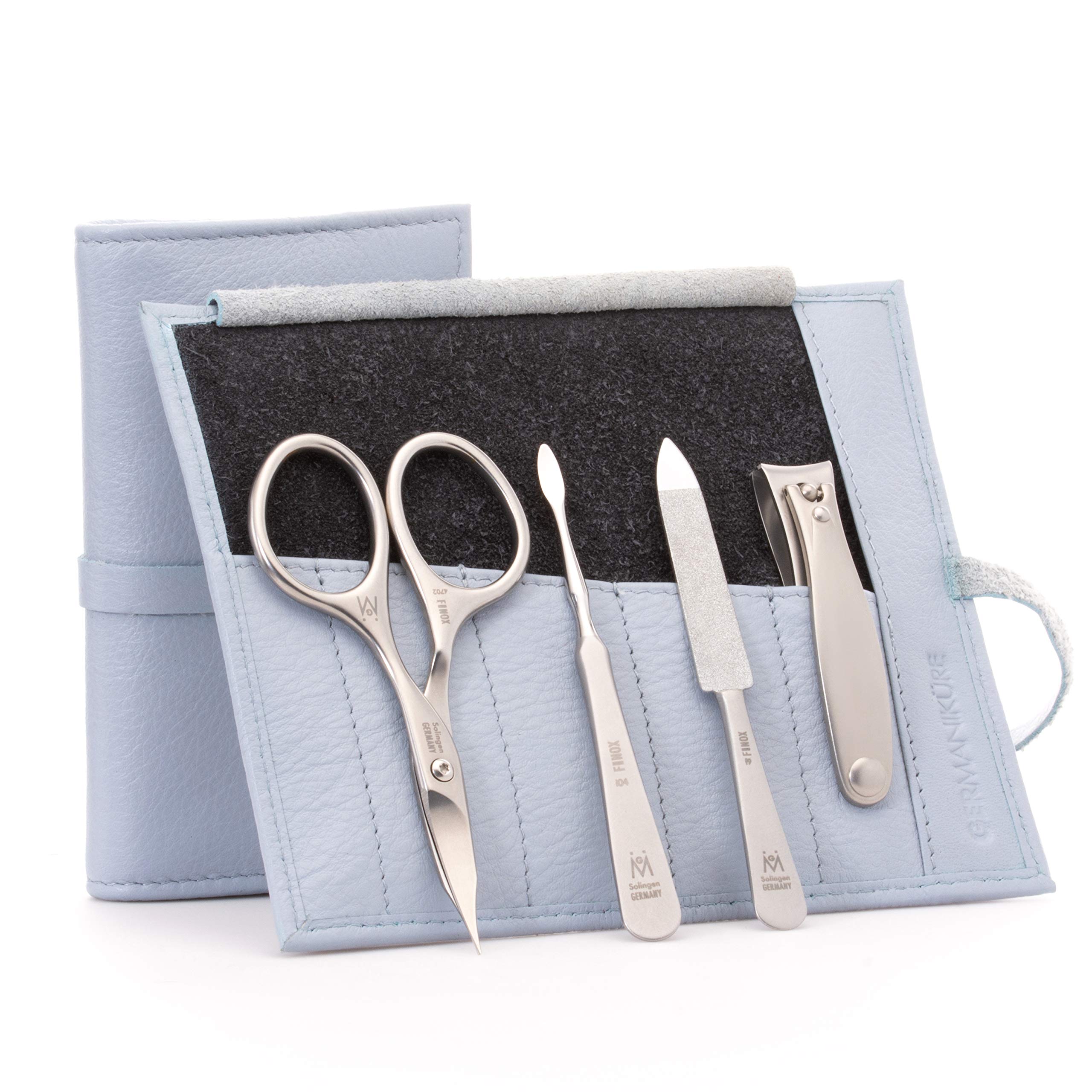 GERMANIKURE 4-Piece Professional Manicure Set in Light Blue Leather Case - Premium Solingen Germany Stainless Steel Nail Tools - Compact Grooming Kit for Home, Travel & Salon Use