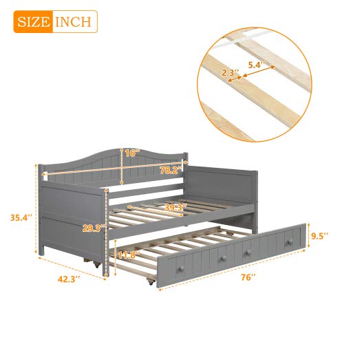 Twin Wooden Daybed with Trundle - Convertible Sofa Bed for Bedroom & Living Room | Space-Saving Twin Size Bed Frame with Storage | Gray Modern Furniture for Adults & Guest Rooms | Perfect for Small Spaces, Home Offices & Dorm Rooms