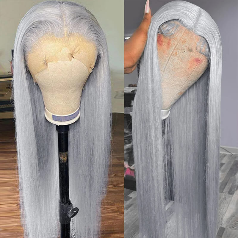Eullair 13x4 Glueless Lace Front Wig - 180 Density Pre Plucked Straight Human Hair Wig for Women, Grey & Silver Lace Frontal Wig - Perfect for Daily Wear, Cosplay & Special Occasions