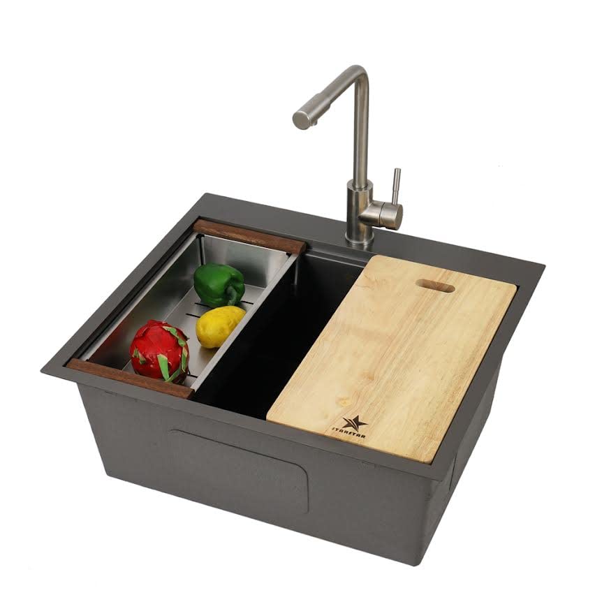 STARSTAR 25 x 22 x 10 Inch 304 Stainless Steel Single Bowl Kitchen Sink with Grid, Wooden Cutting Board, Colander & Strainer Basket - Perfect for Home, Office, Bar, Laundry or Outdoor Use