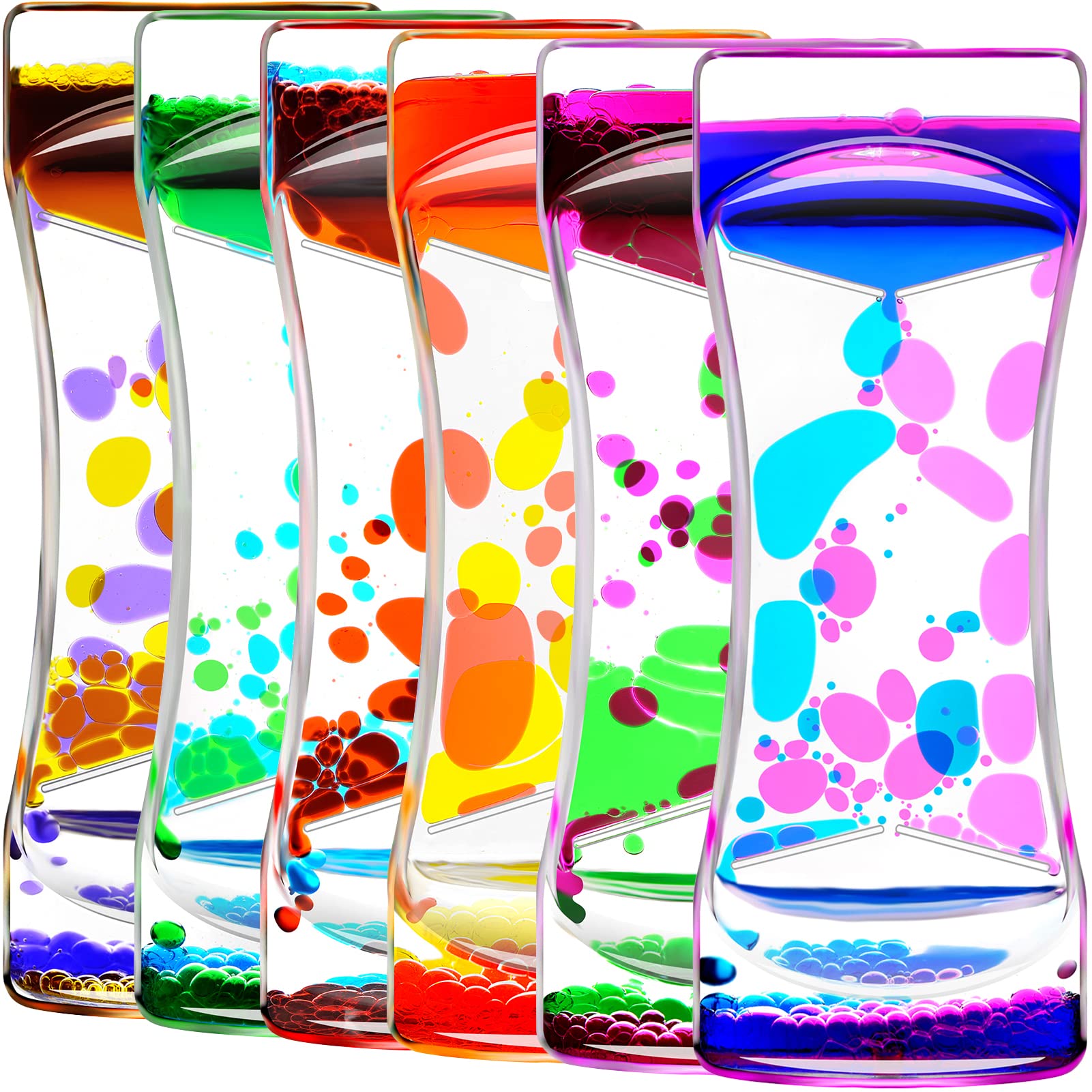 6-Piece Liquid Motion Bubbler Set - Rainbow Sensory Toys for Stress Relief & Focus | Oil Drop Water Hourglass Desk Decor for Home Office | Perfect Fidget Timer for Adults & Kids | Gift Box Included
