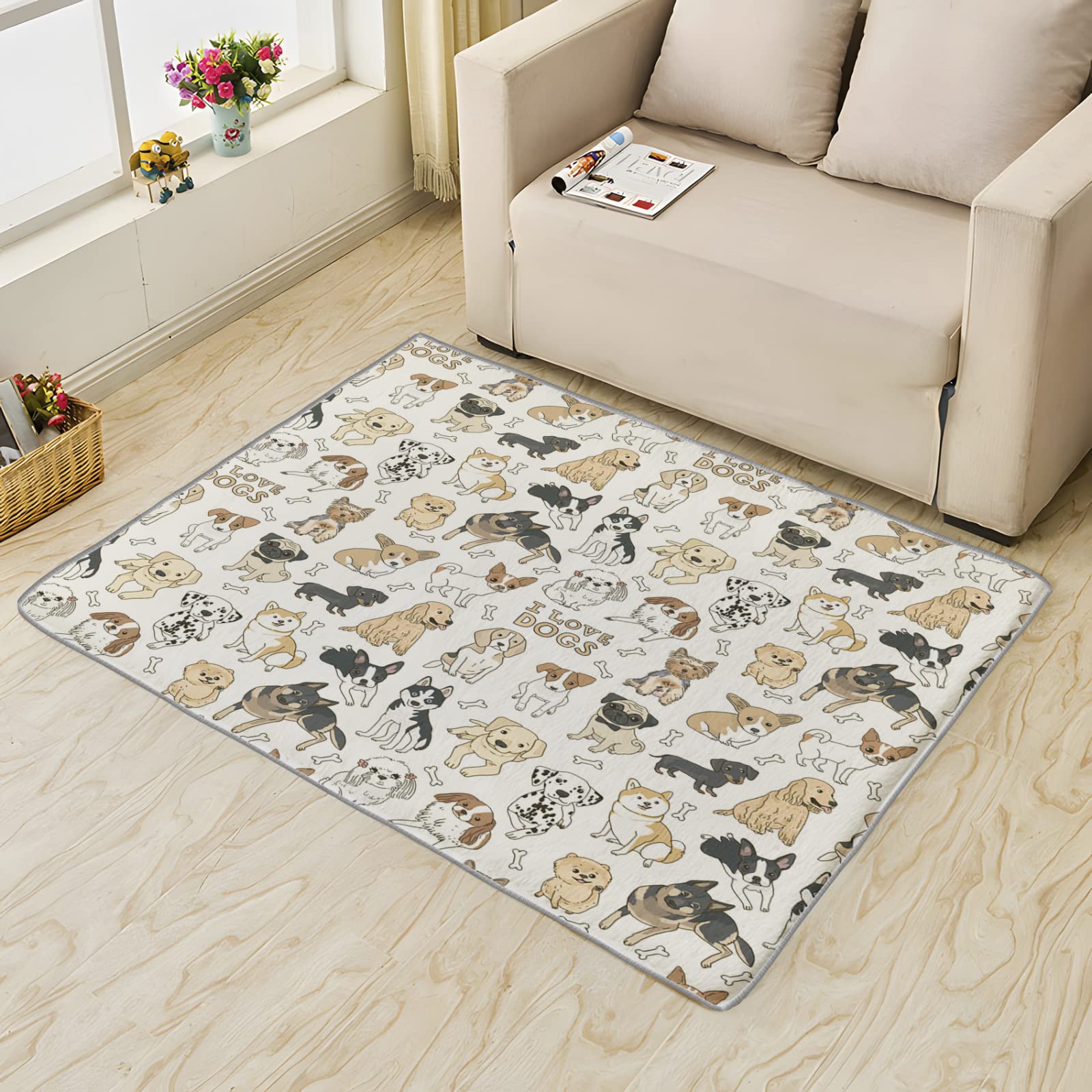 5x7 ft Cute Puppy Dog Area Rug - Soft Non-Slip Washable Indoor Carpet for Bedroom, Living Room & Kids Room Decor | Kawaii Animal Print Floor Mat for Home, Nursery & Playroom