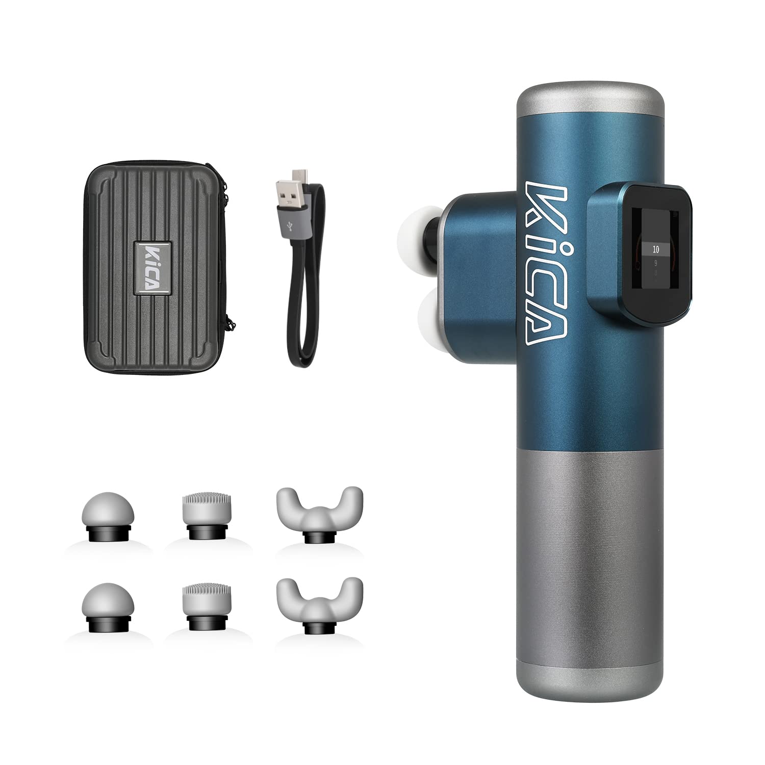 Kica Pro Double-Head Mini Massage Gun with LED Display Touchscreen - Handheld Deep Tissue Percussion Muscle Massager for Therapy & Relaxation - 6 Interchangeable Heads & 10 Speed Levels - Powerful Brushless Motor - Perfect for Athletes, Gym Recovery & Home Pain Relief