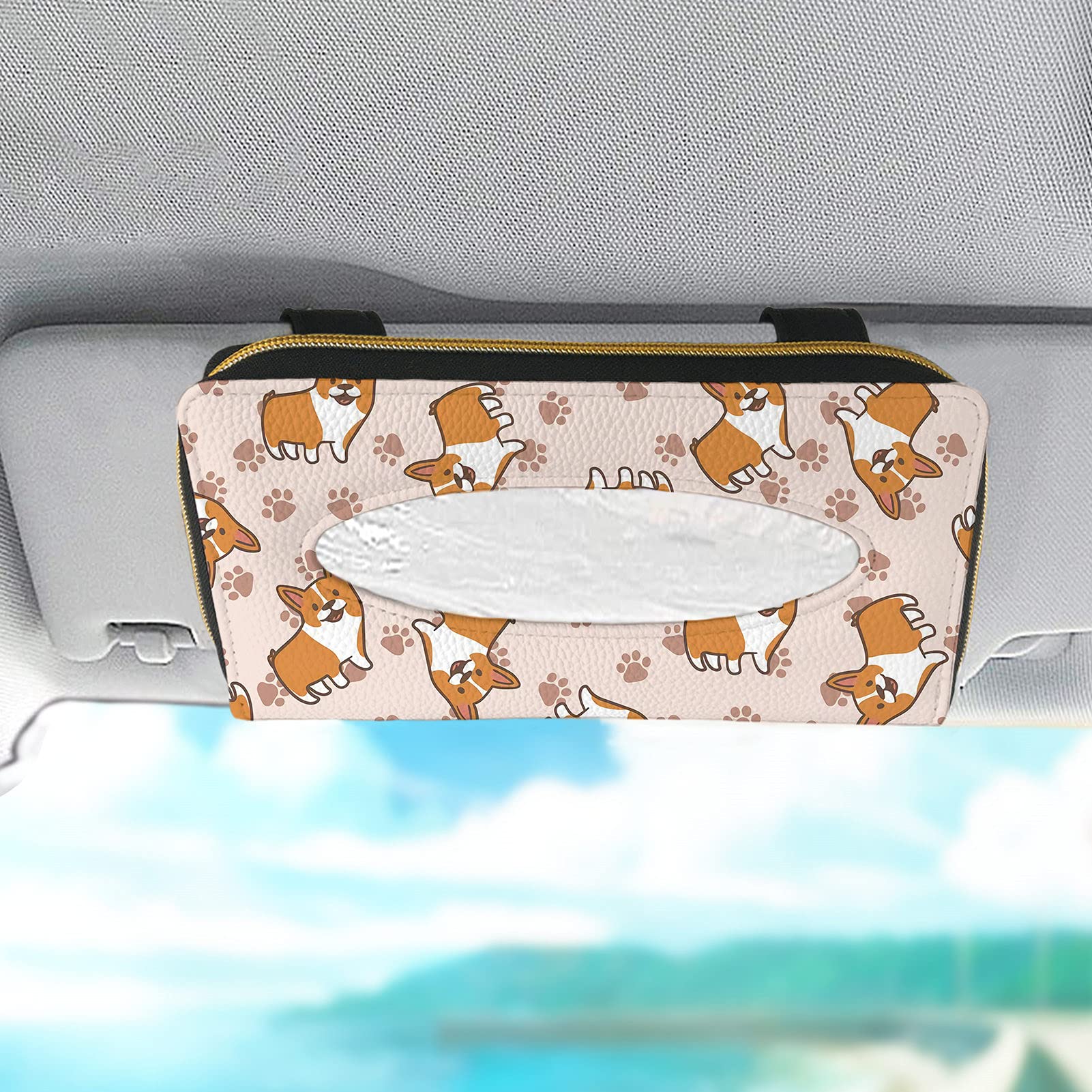 KUILIUPET Cute Dog Printed Car Visor Tissue Holder - PU Leather Backseat Napkin & Tissue Box Organizer for Car, Auto, SUV - Perfect for Road Trips, Commuting & Family Travel