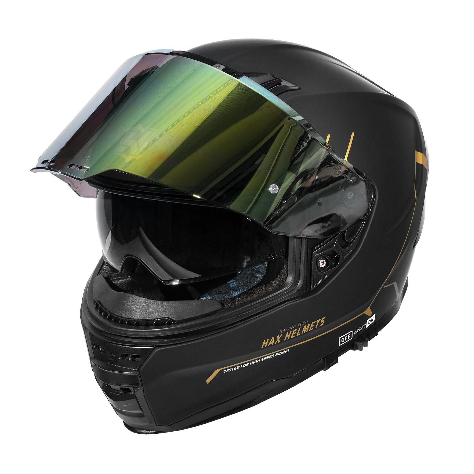 HAX Force Aerodynamic Full Face Motorcycle Helmet for Street & E-Bikes - DOT & ECE Certified, Dual Visor, Pinlock Ready, Matte Black Gold (Adult Size) - Perfect for Commuting, Racing & Urban Riding