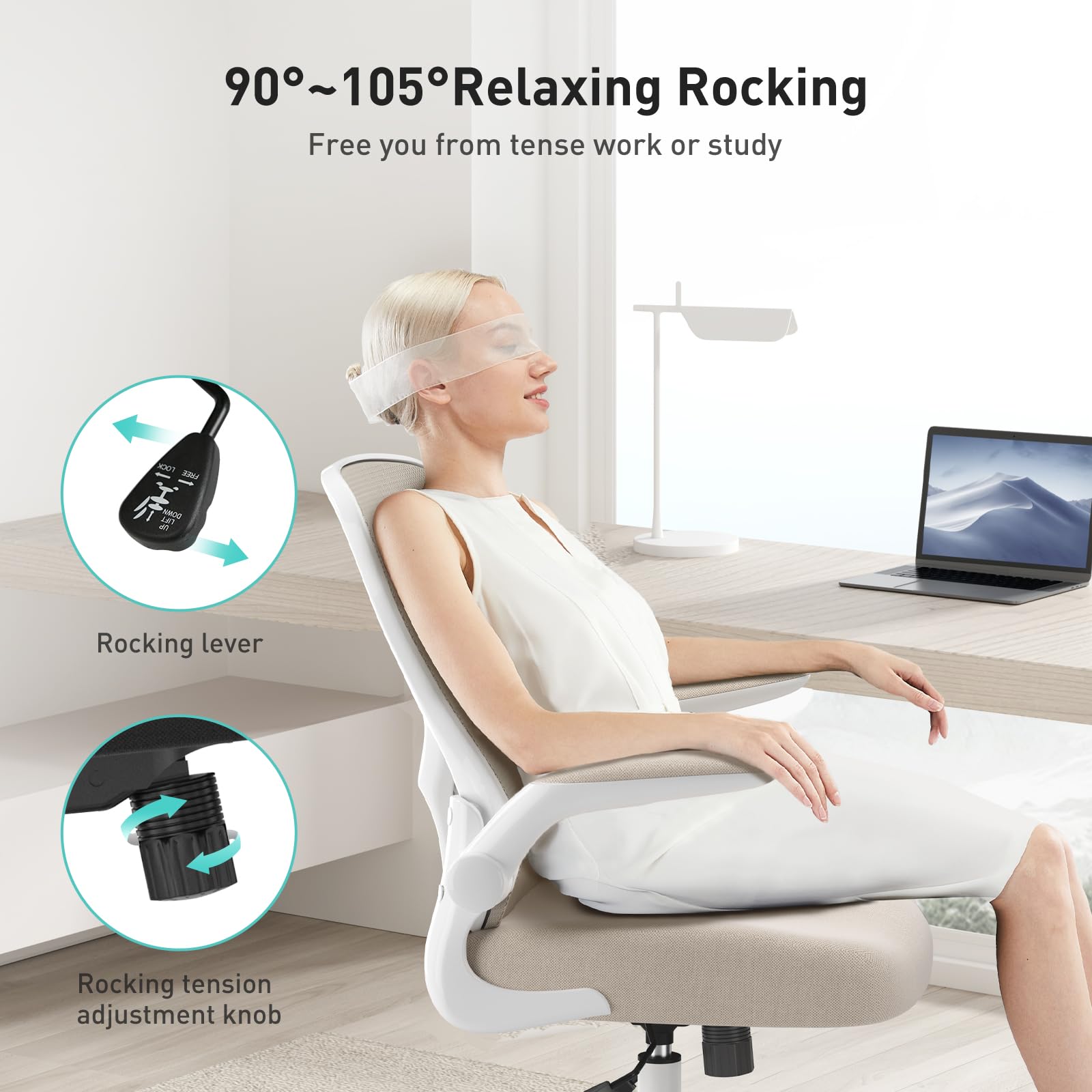 Hbada Ergonomic Office Chair - Adjustable Lumbar Support Mesh Computer Desk Chair with PU Silent Wheels, Flip-Up Armrests & Tilt Function (Grey) - Perfect for Home Office, Gaming & Workspace Comfort