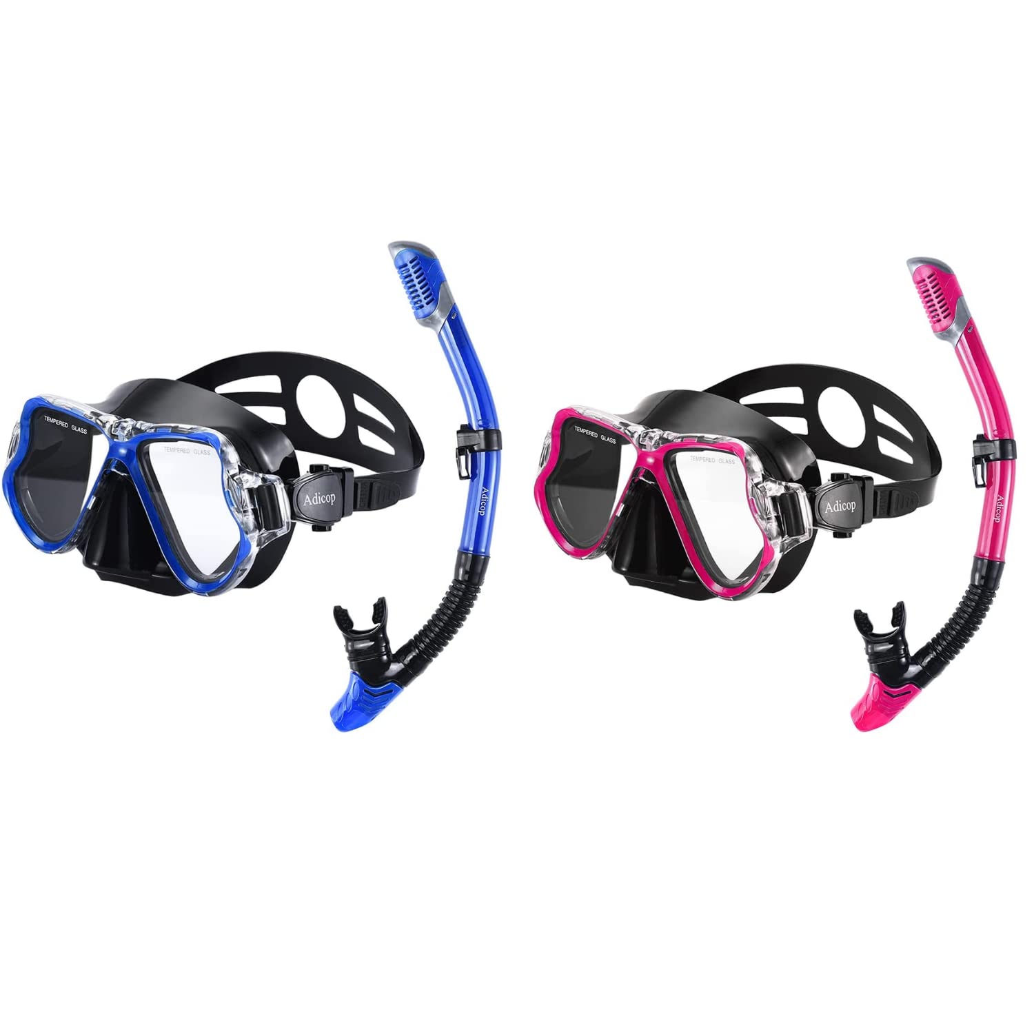 2 Packs Adult Snorkel Set - Dry Snorkel Mask & Anti-Fog Goggles for Scuba Diving, Swimming Pool Training - Includes Carrying Bag for Men & Women (Blue & Red) - Perfect for Beach Vacations, Snorkeling Trips & Water Sports