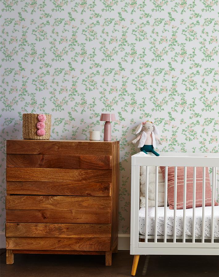 Clare V. Françoise Floral Wallpaper in Peach & Spring Green - Perfect for Bedroom, Living Room & Nursery Decor