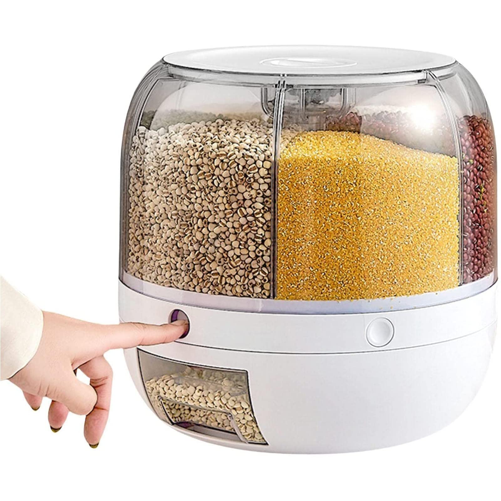 ANSonboy 6-Grid 12lbs Rotating Rice Dispenser - Airtight Grain Storage Container with One-Click Dispensing, Clear Round Food Storage Bucket for Rice, Cereals, Snacks, Candy, Coffee Beans & Pet Food - Perfect for Kitchen Pantry Organization & Bulk Food Storage