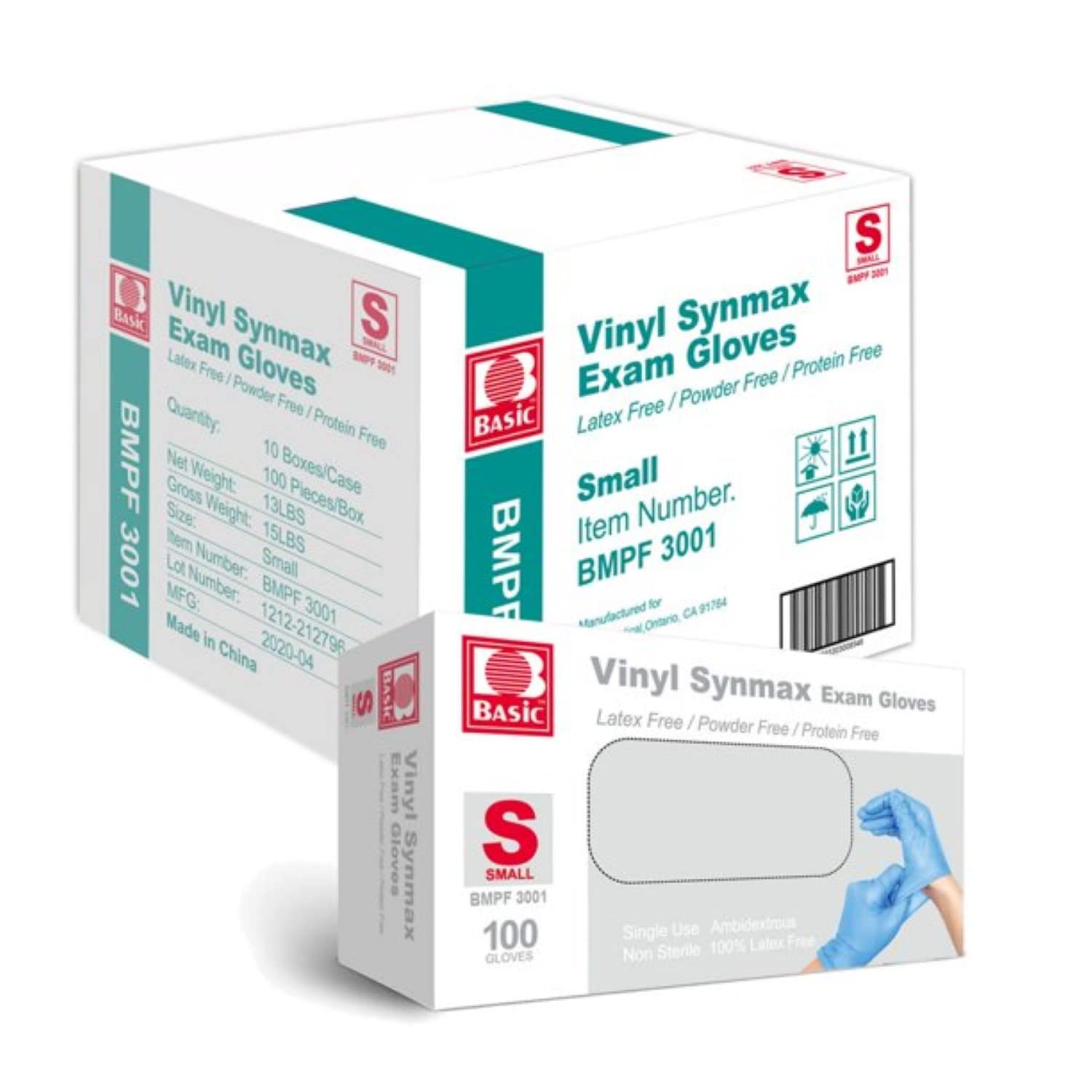 BASIC Medical Synmax Vinyl Exam Gloves - Latex-Free & Powder-Free Disposable Gloves - Small Size (BMPF-3001) for Healthcare, Food Handling & Cleaning Protection