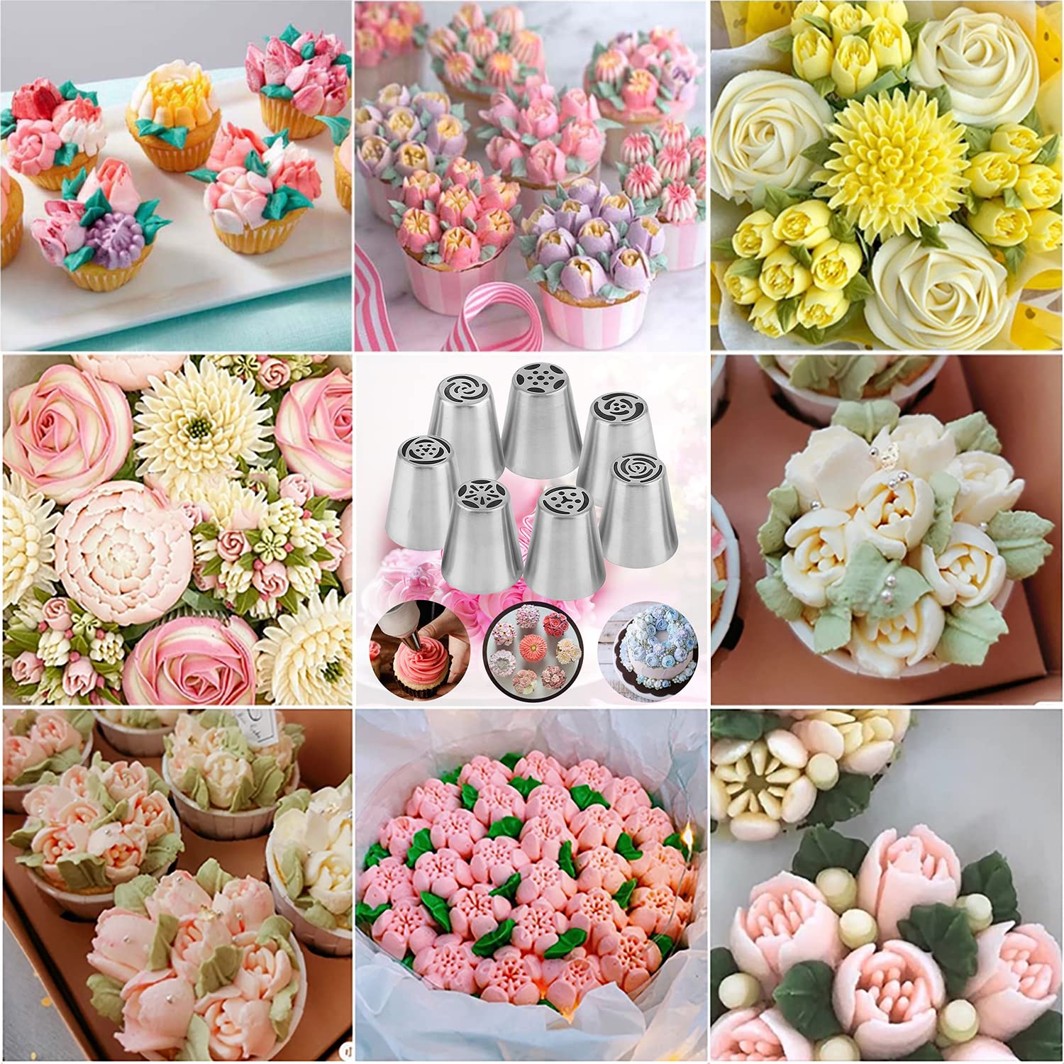 Suuker Russian Piping Tips Set - 7 Piece Stainless Steel Cupcake Decorating Kit with Flower Shaped Frosting Nozzles | Professional Baking Tools for Cakes, Cookies & Pastry Decor | Perfect for Birthday Parties, Wedding Cakes & Home Baking
