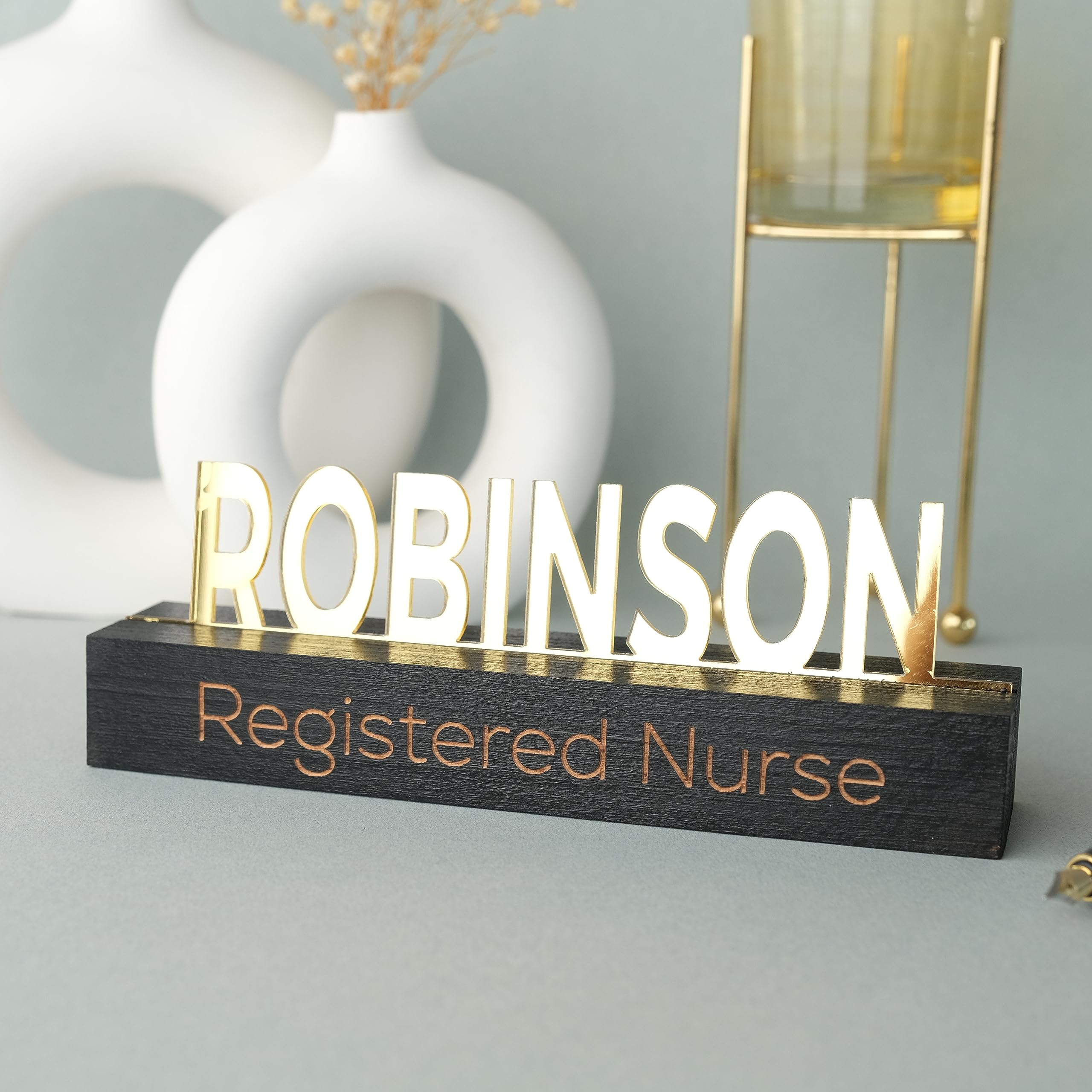 Custom Gold Acrylic on Black Wood Personalized Desk Name Plate - Elegant Office Desk Sign for Professionals | Perfect for Corporate Gifts, Executive Desks & Home Office Decor