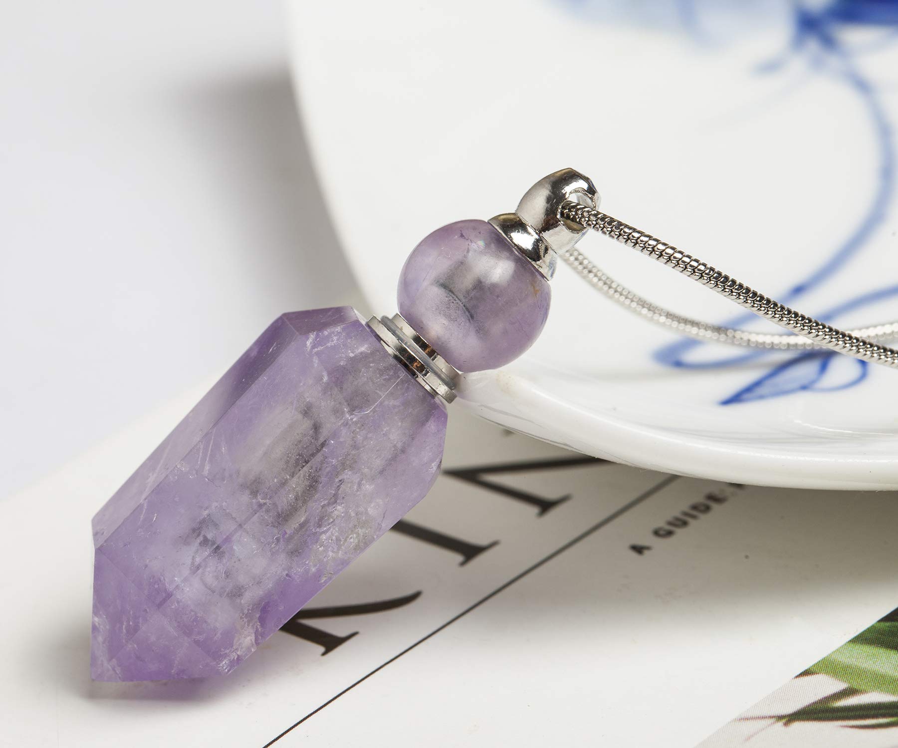 AMOYSTONE 1P Natural Amethyst Necklace - Long Chain Healing Crystal Pendant with Aromatherapy Oil Diffuser, Bullet Shape Women's Jewelry Gift for Meditation, Yoga & Spiritual Healing