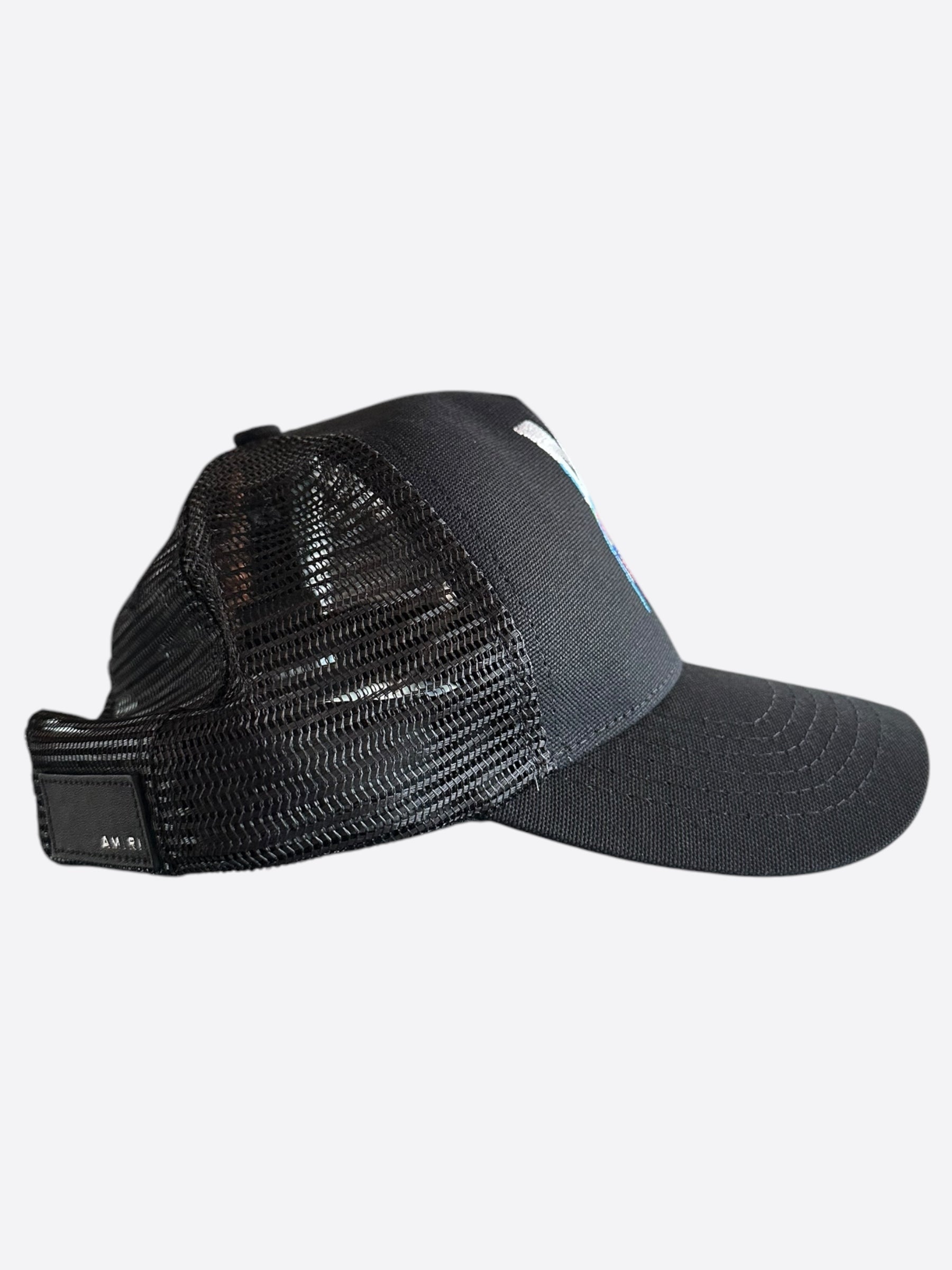Amiri Black MA Paint Splatter Logo Trucker Hat - Stylish Distressed Baseball Cap for Men & Women - Perfect for Streetwear, Concerts, and Casual Outfits