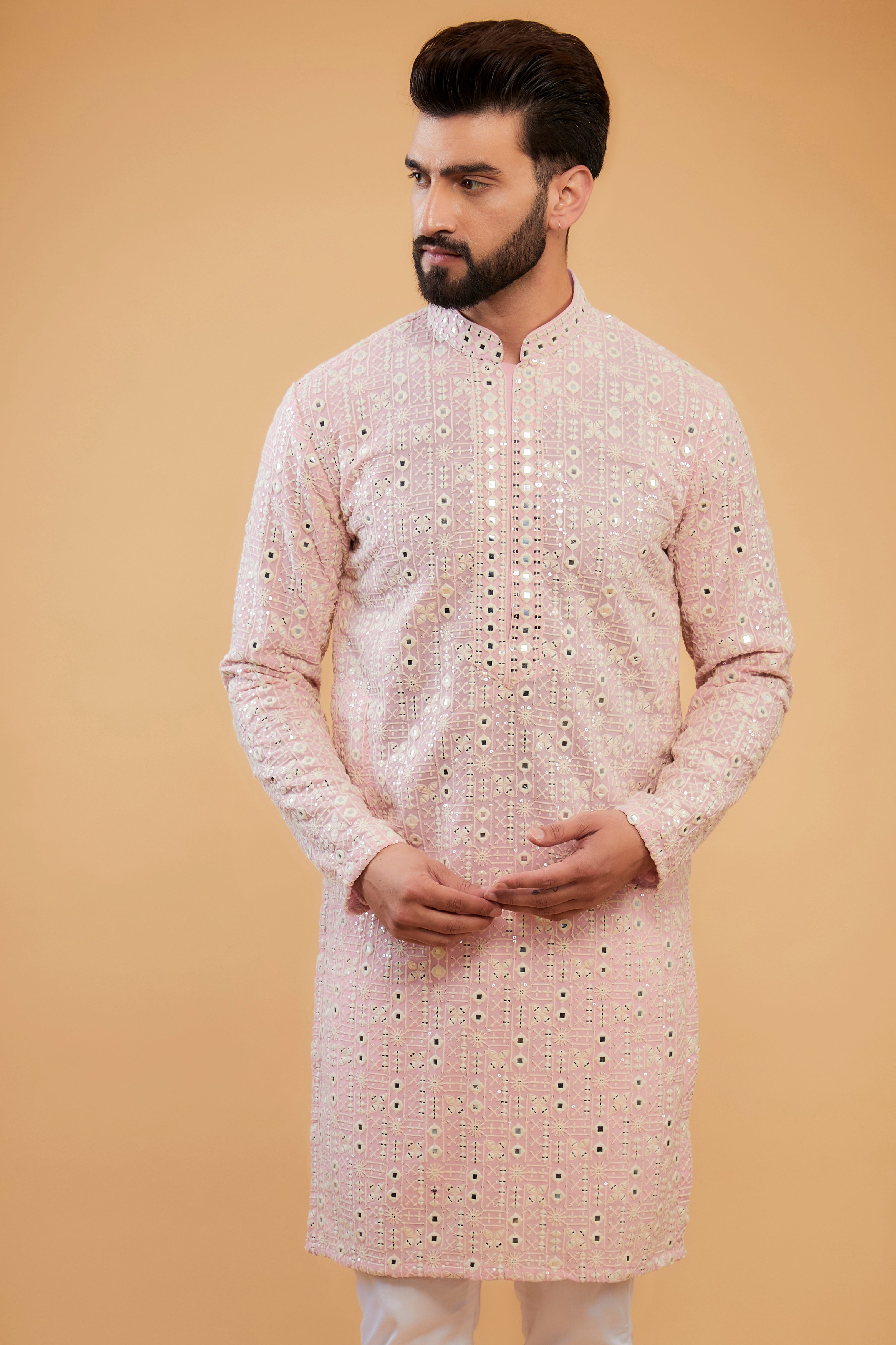 Elegant Pink Mirror Work Kurta with Intricate Neckline - Perfect for Festivals, Weddings & Ethnic Parties