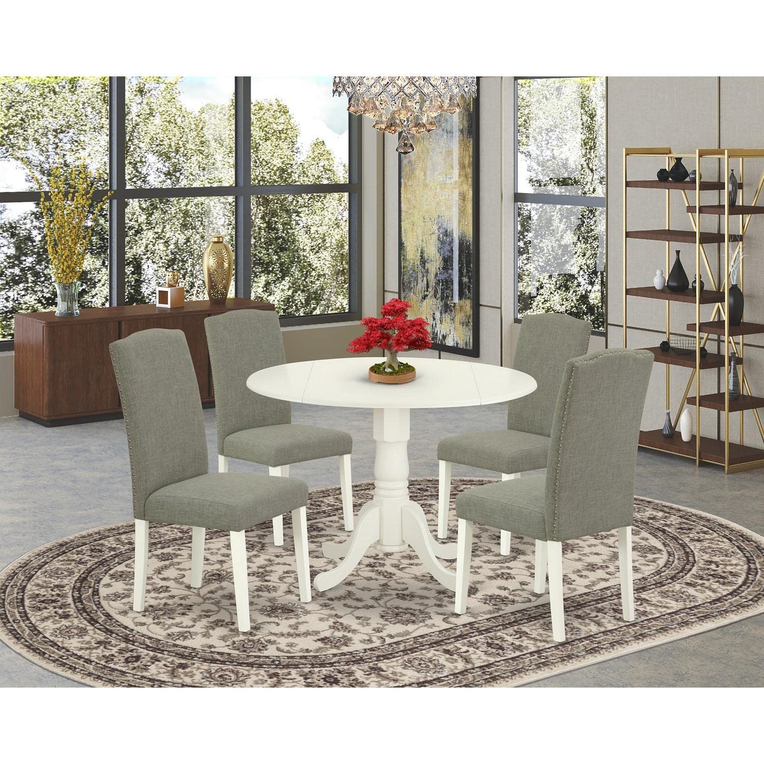 East West Furniture DLEN5-LWH-06 5-Piece Round Kitchen Dining Set with Drop-Leaf Table & 4 Upholstered Chairs, 42x42 Inch, Linen White - Perfect for Small Spaces, Breakfast Nooks, and Cozy Apartments