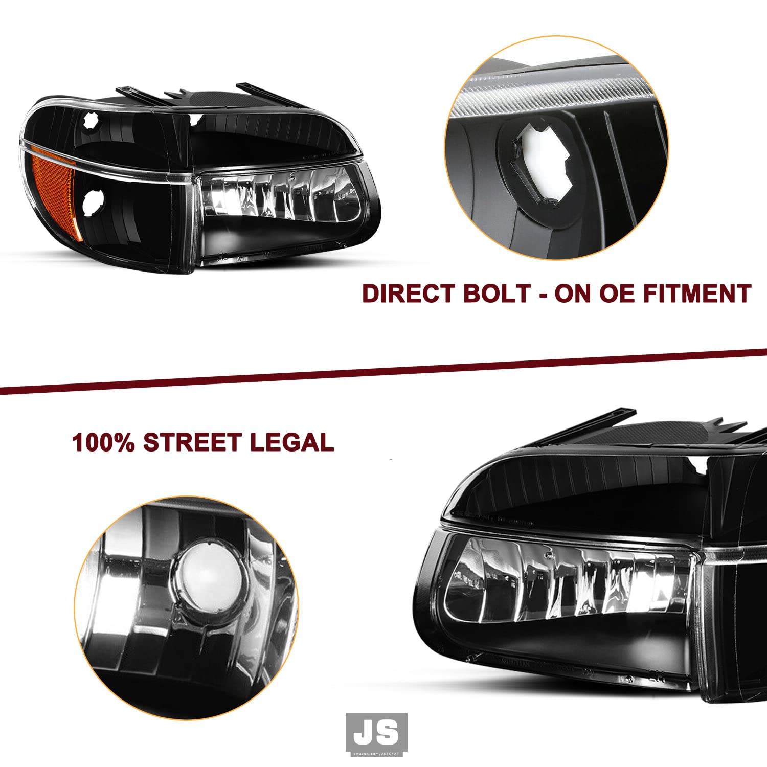 JSBOYAT Headlight Assembly Replacement for 1995-2001 Ford Explorer & 1997 Mercury Mountaineer - Driver & Passenger Side with Corner Lights (4-Piece Set, Black Housing & Amber Reflector) - Perfect for Night Driving & Off-Road Adventures