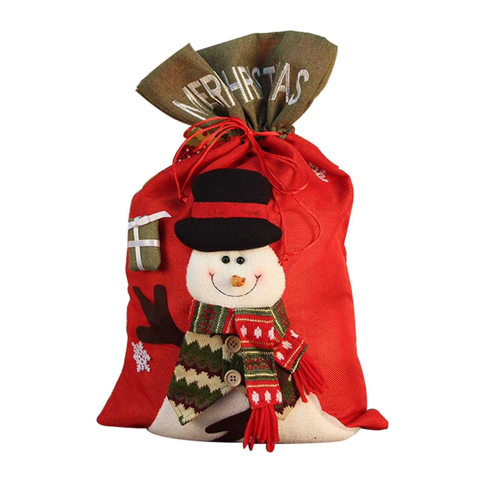 Christmas Fabric Gift Bags with Drawstring - Santa Claus Snowman Reindeer Embroidered Holiday Toy Candy Fruit Bags (5PCS) - Perfect for Holiday Gift Wrapping, Party Favors & Stocking Stuffers