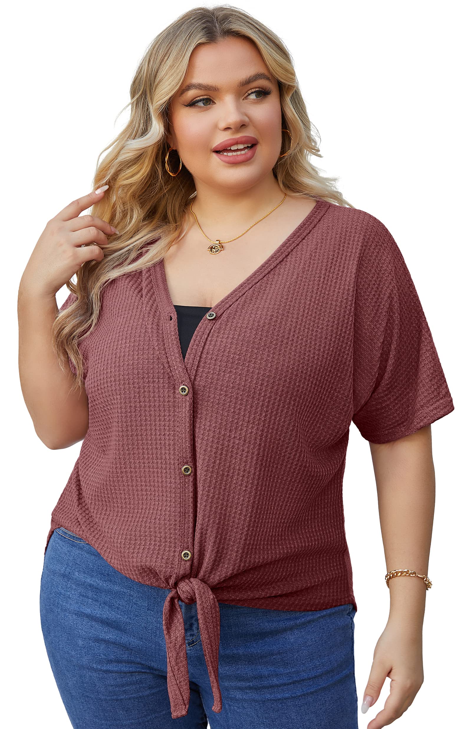 OLRIK Women's Plus Size Short Sleeve V-Neck Waffle Knit Tunic Blouse - Tie Front Button Up Casual T-Shirt for Work, Date Night & Everyday Wear