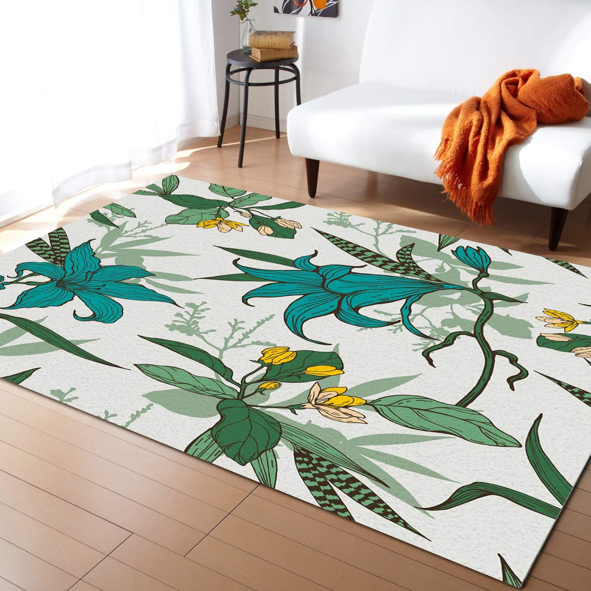YOKOU Non-Slip Rectangle Area Rug 5'x8' - Watercolor Floral Green Leaves Design for Bedroom, Living Room, Kids Room & Playroom | Soft Indoor Rug for Home Decor & Comfort