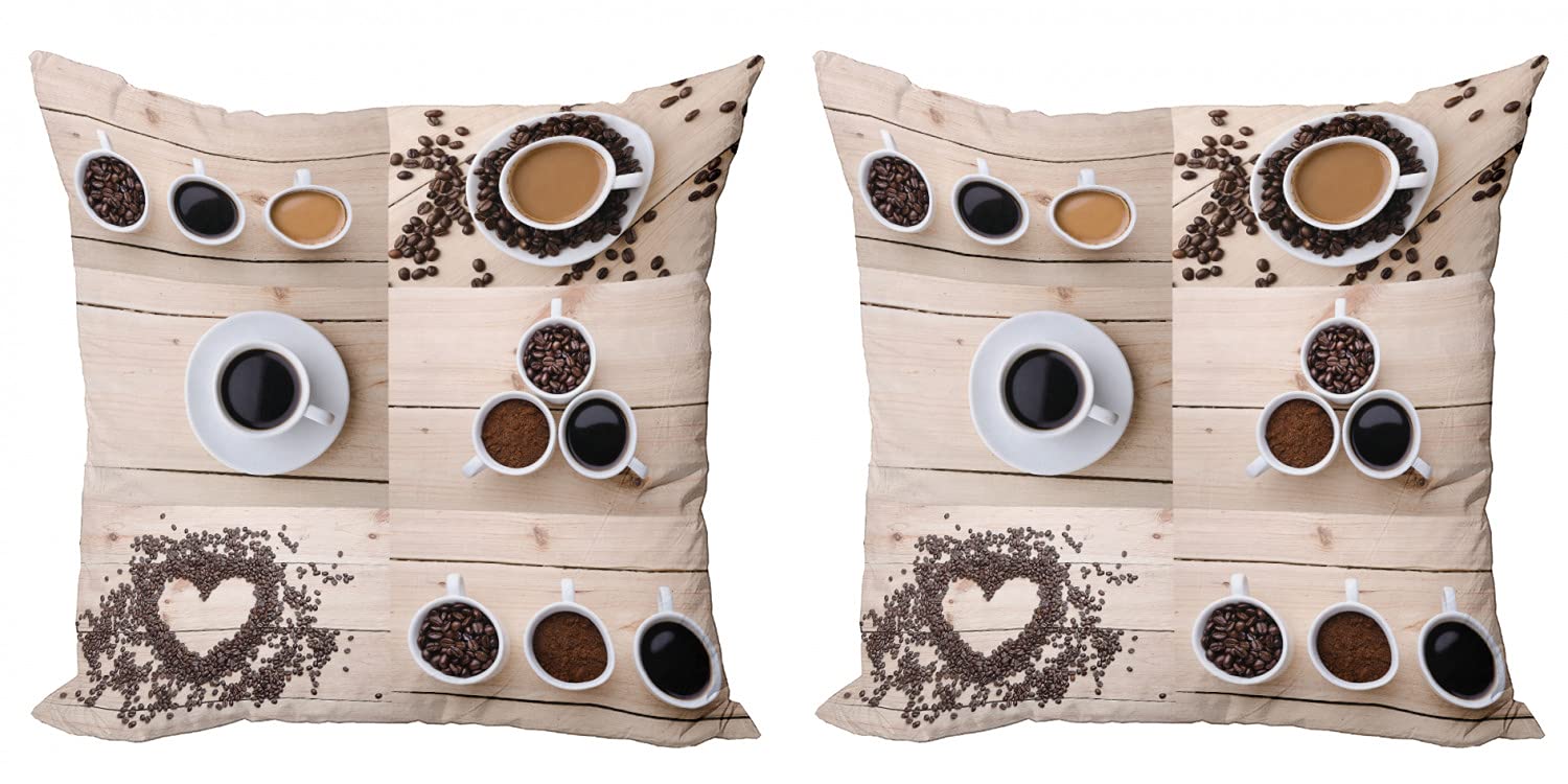 Ambesonne Coffee Lover Throw Pillow Covers Set of 2 - 16 Inch Black Brown Tan Zippered Decorative Cushion Covers with Double-Sided Digital Print Coffee Mug & Beans Design - Perfect for Living Room Sofa, Bedroom Decor or Coffee Shop Ambiance