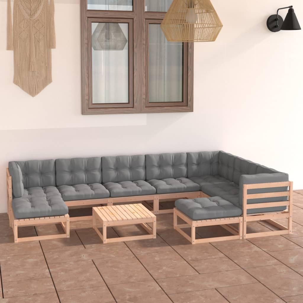 10-Piece Patio Furniture Set - Outdoor Sectional Sofa with Cushions, Ottoman & Coffee Table - Solid Pine Wood Garden Set for Backyard, Poolside & Terrace Relaxation