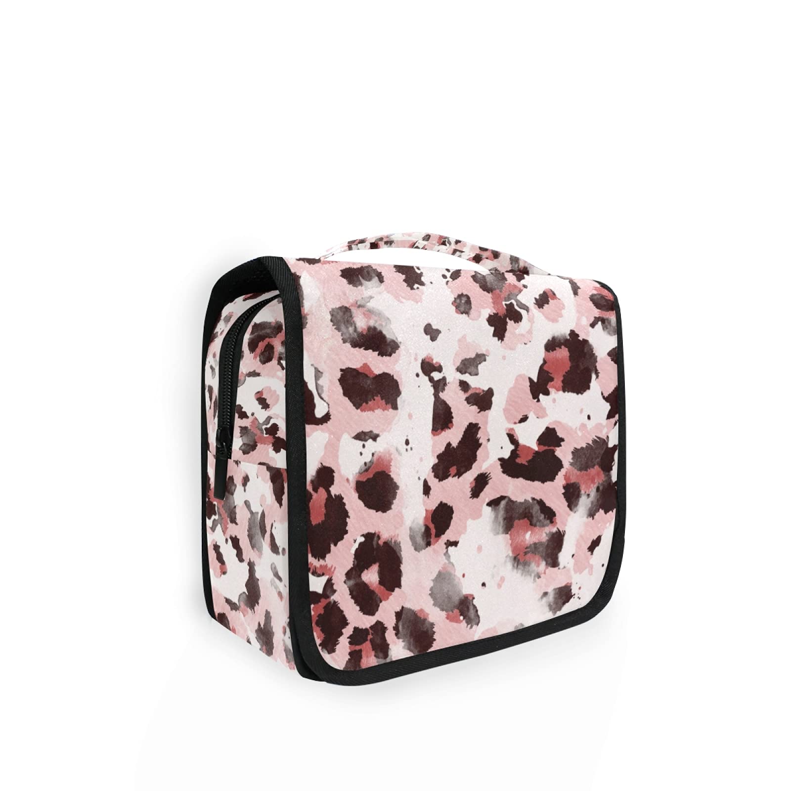 Waterproof Pink Leopard Print Hanging Toiletry Bag for Women - Large Capacity Travel Cosmetic Organizer with Hook | Perfect for Bathroom Storage, Makeup Pouch & Vacation Essentials