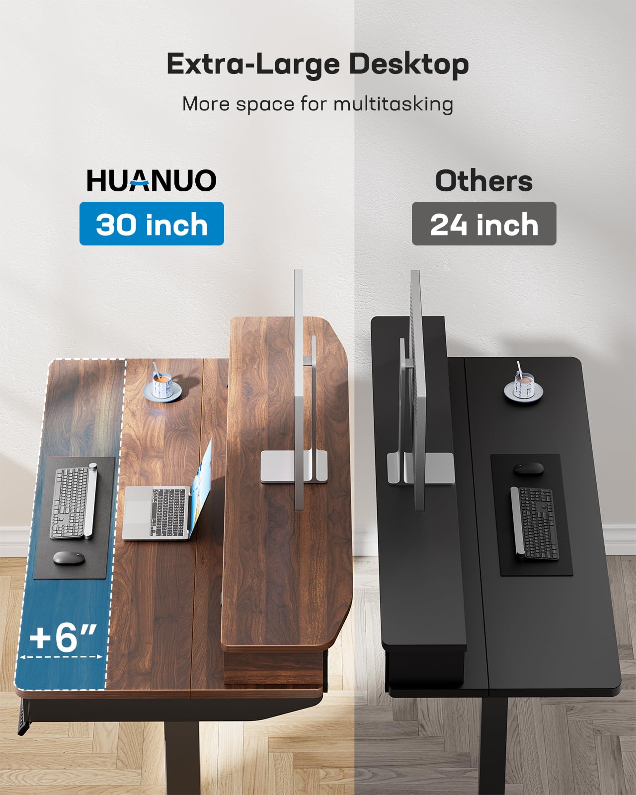 HUANUO 48 x 30 Inch Electric Standing Desk with 4 Drawers - Adjustable Height Sit Stand Home Office Desk with Two Tiers & Monitor Stand - Ergonomic Walnut Computer Workstation for Home & Office Use