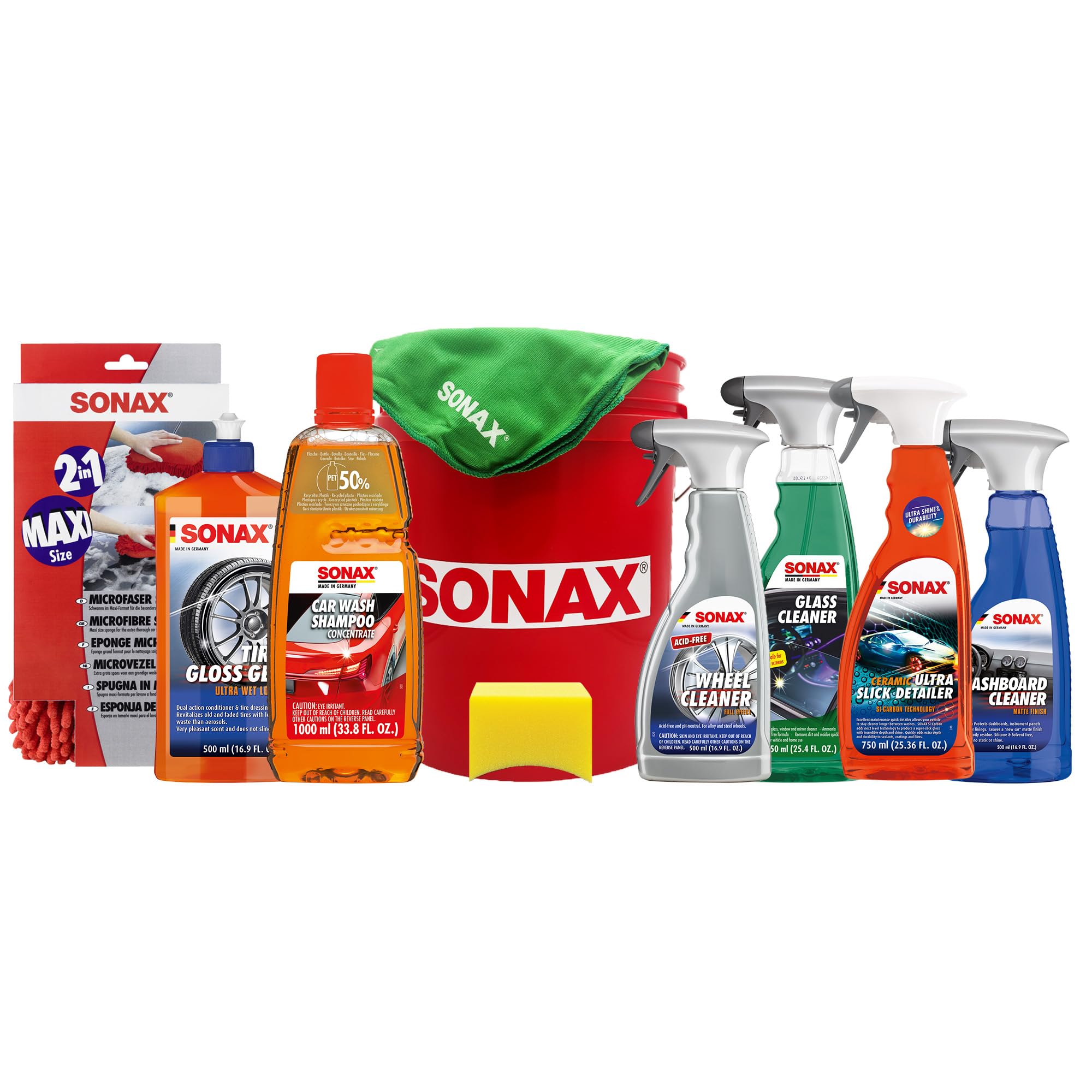 SONAX 24801 Summer Bucket Kit - Car Wash & Wax Kit with Foam Sprayer, Microfiber Towel & Wheel Cleaner (Perfect for Summer Car Detailing & Outdoor Vehicle Care)