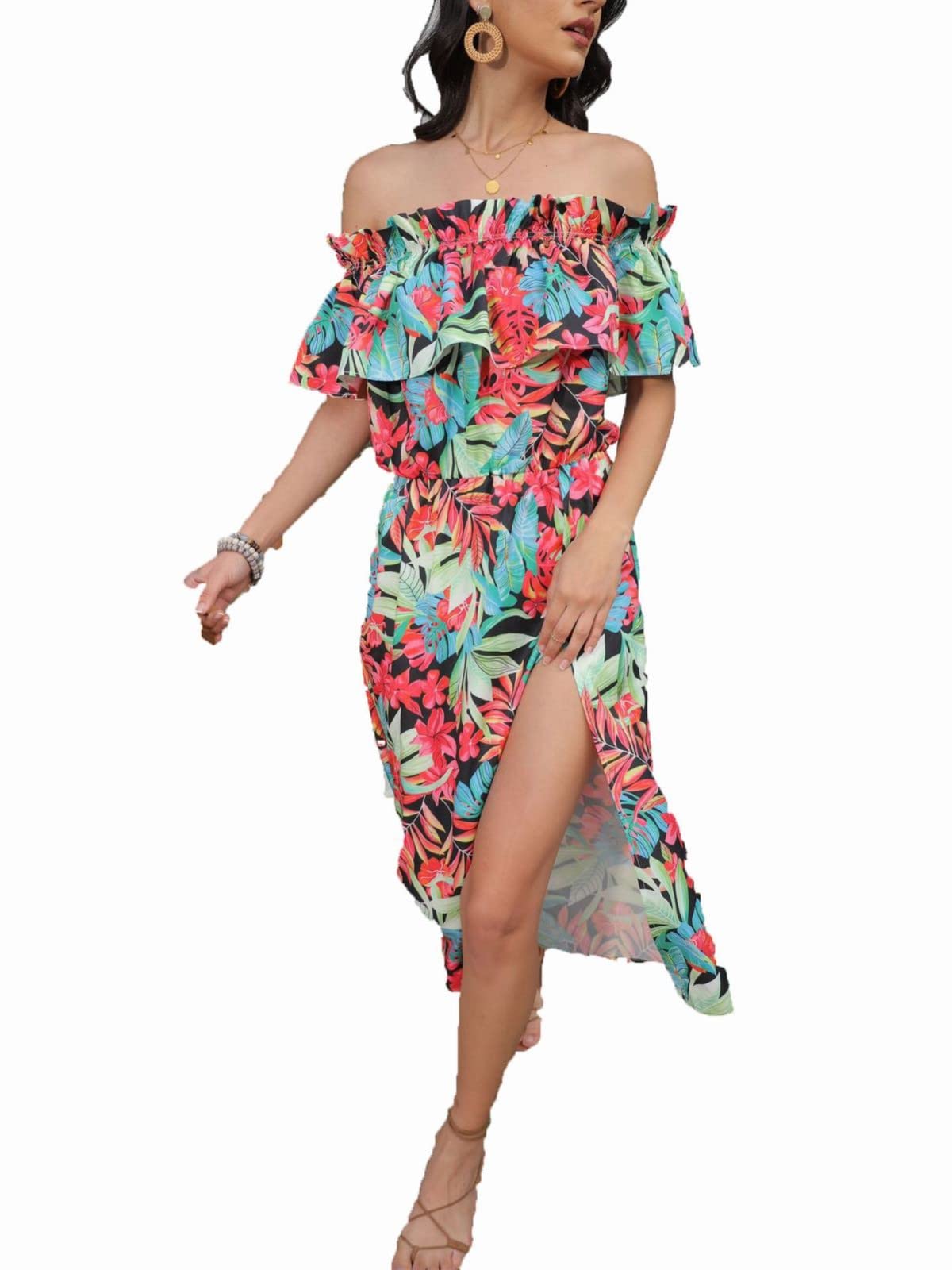 Women's Summer Off Shoulder Casual Maxi Dress - Flowy Boho Beach Dress for Vacation, Party & Outdoor Date Night