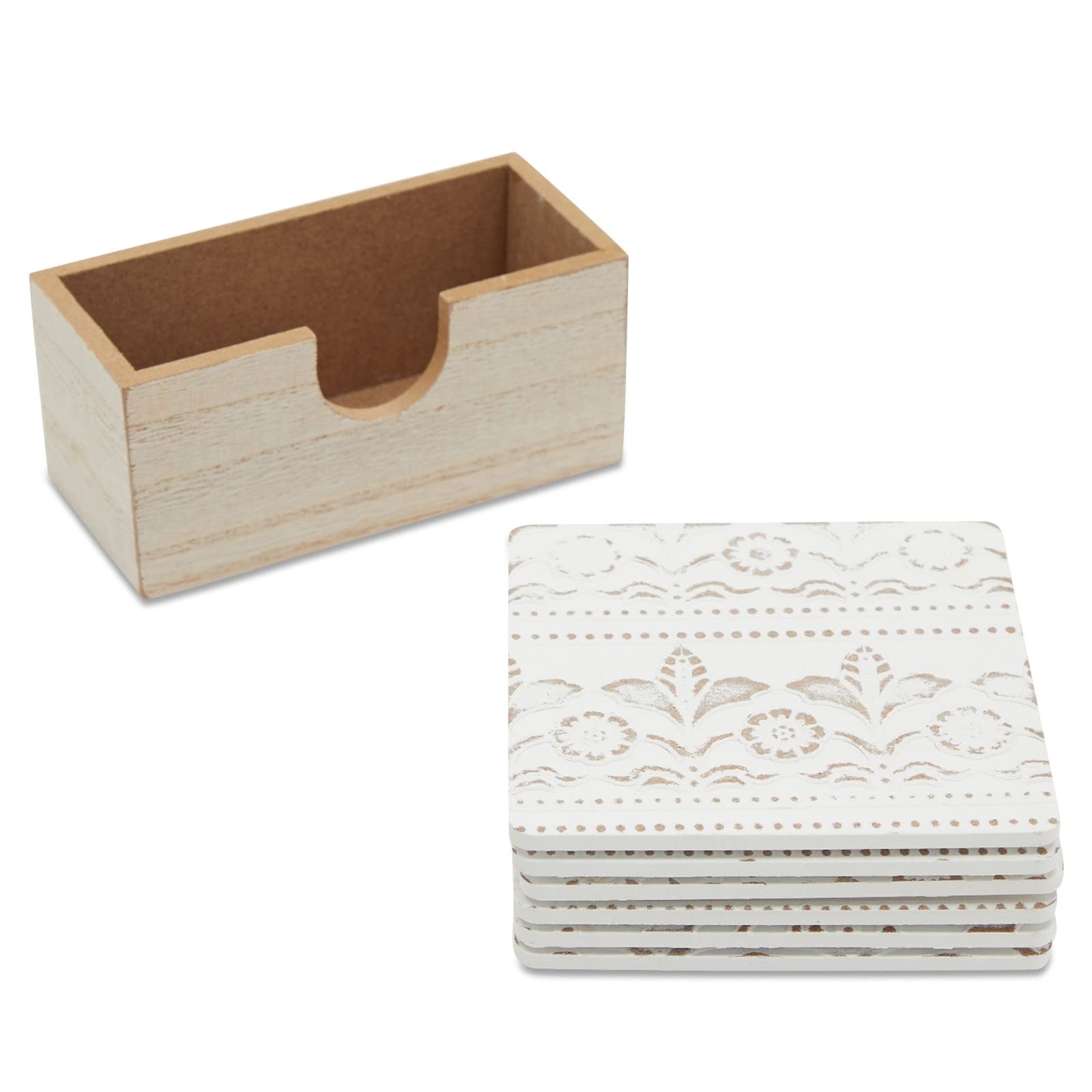 Juvale Set of 6 White Wooden Drink Coasters with Holder - 3.8 Inch Round Absorbent Pads for Coffee, Tea, Wine - Rustic Farmhouse Decor for Dining Table, Living Room, and Kitchen Use