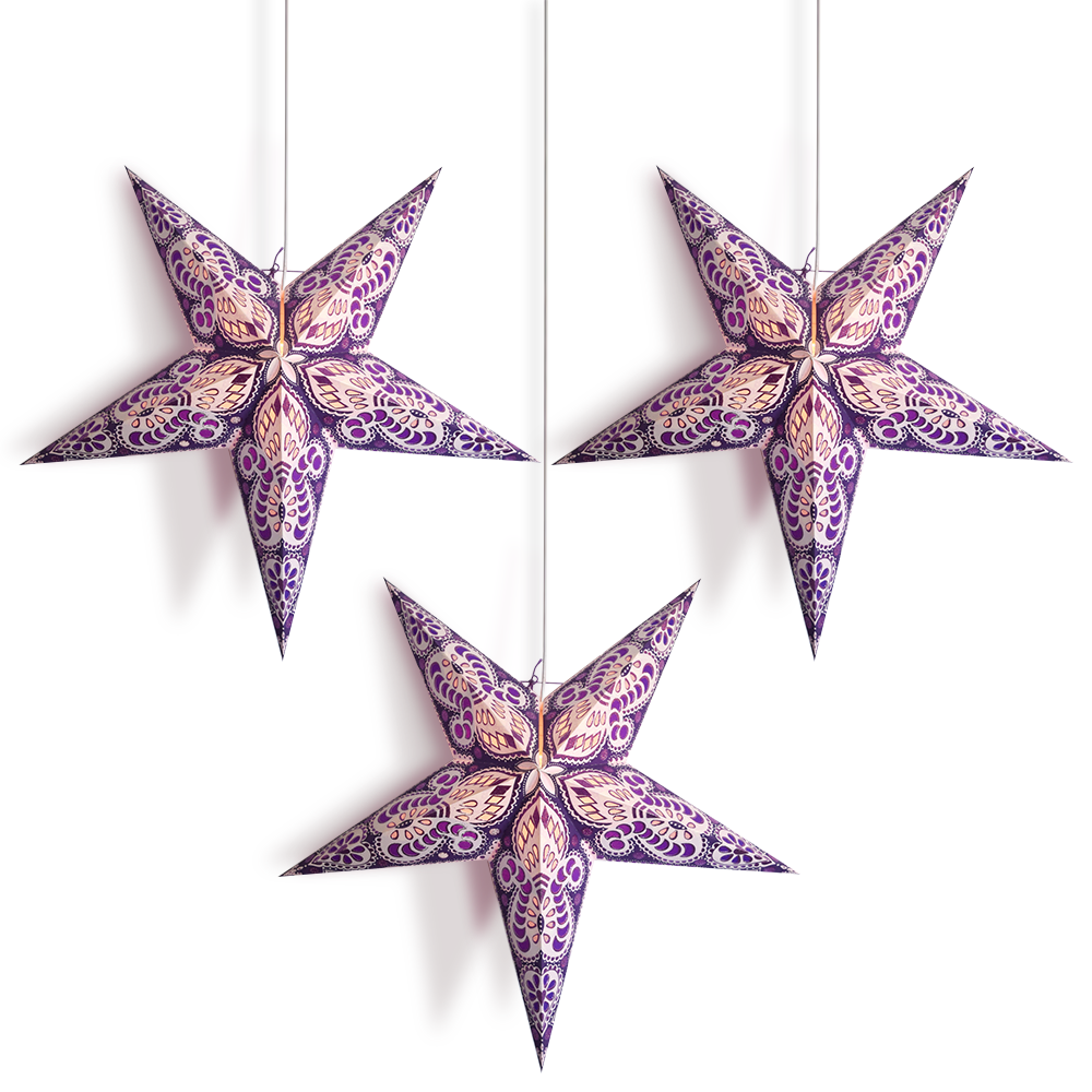 3 Pack Purple Pink Peacock Glitter 24 Inch LED Star Lanterns with Light Cord - Hanging Party Decor for Christmas, Wedding, Bedroom & Outdoor Lighting