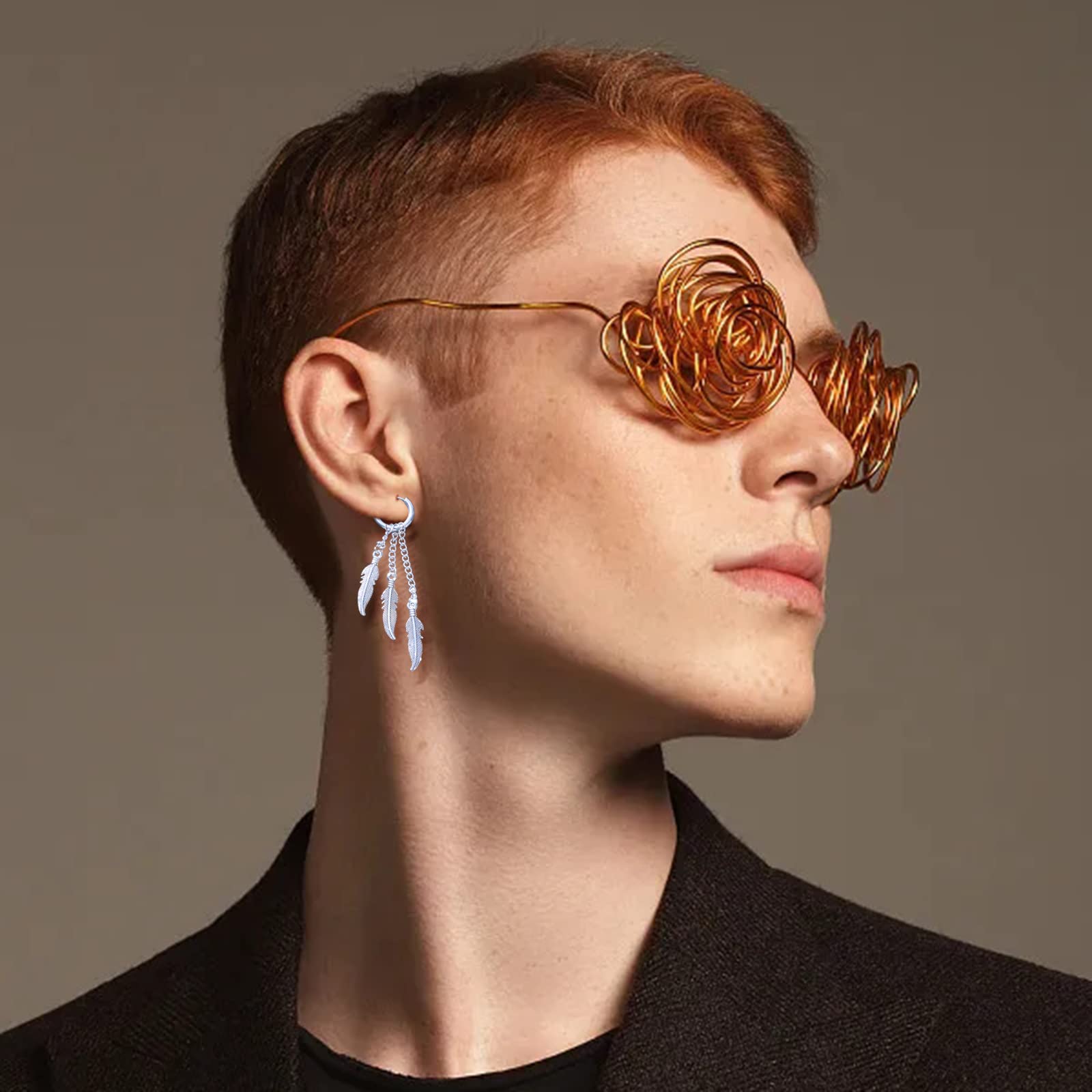 Halawly Stainless Steel Feather Chain Earrings for Men & Women - Silver, Gold, Black Punk Long Dangle Earrings Set | Lightweight Fashion Jewelry for Party, Birthday, Concert & Gothic Style Outfits