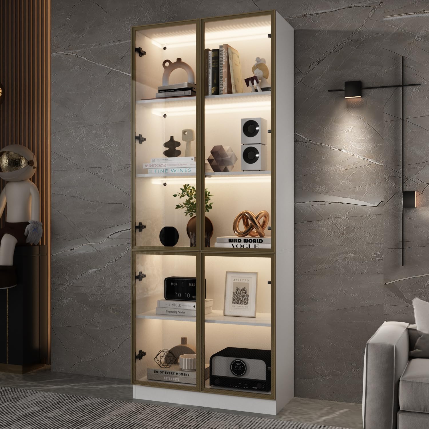 5-Tier LED Curio Display Cabinet with Pop-Up Glass Doors - 3 Color Lighting for Collectibles, Books & Decor - White Glass Door Showcase for Living Room, Bedroom & Office Display