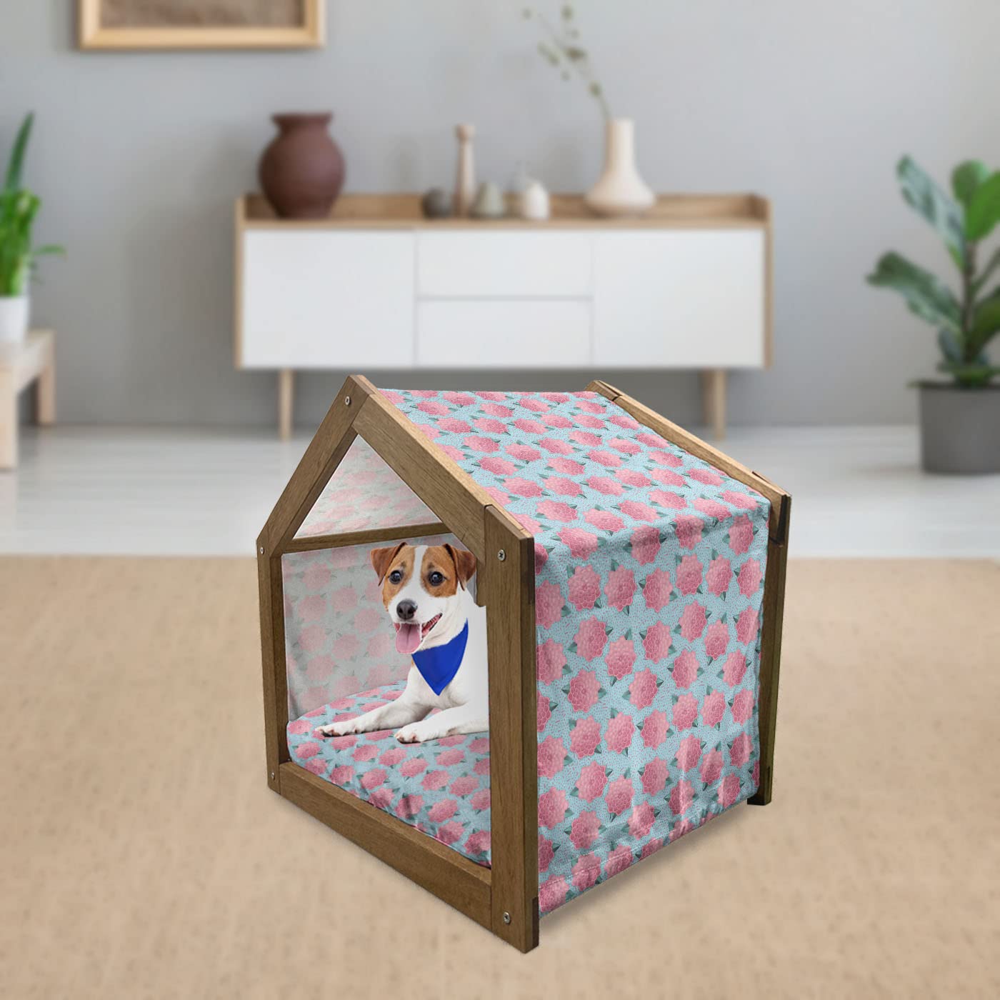 Lunarable Flower Wooden Pet House - Modern Abstract Stripes & Dots Design Dog Kennel with Pillow & Cover, Indoor/Outdoor Portable Dog Bed for Small Dogs, Jade Green & Pale Blue - Perfect for Home, Garden, and Travel Use