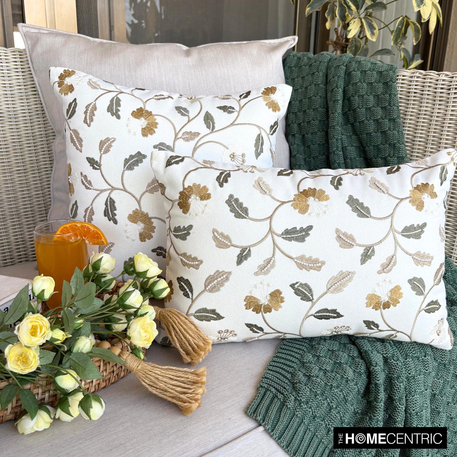 Amber Bloom White Cotton Throw Pillow Cover - Soft Decorative Cushion Case for Sofa, Bed & Home Decor