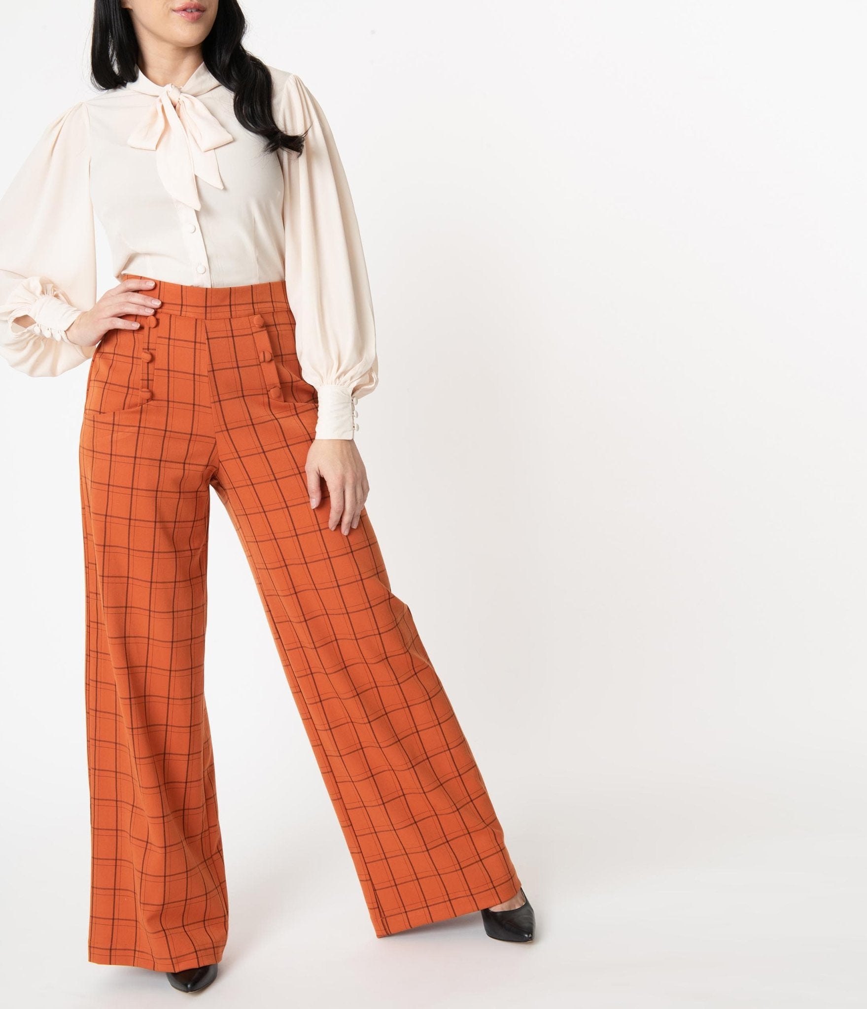 Vintage 1940s Orange Windowpane High Waist Ginger Pants - Retro Women's Trousers for Casual Wear & Costume Parties