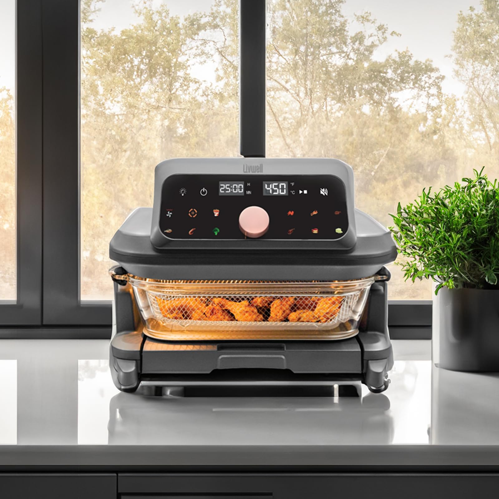 6 Quart Glass Air Fryer with Pull-Out Drawer & Lid - PFOA & PFAS-Free, 12 Preset Functions, Dishwasher Safe - Perfect for Baking, Roasting & Crispy Frying - Ideal for Family Meals, Healthy Cooking & Quick Weeknight Dinners
