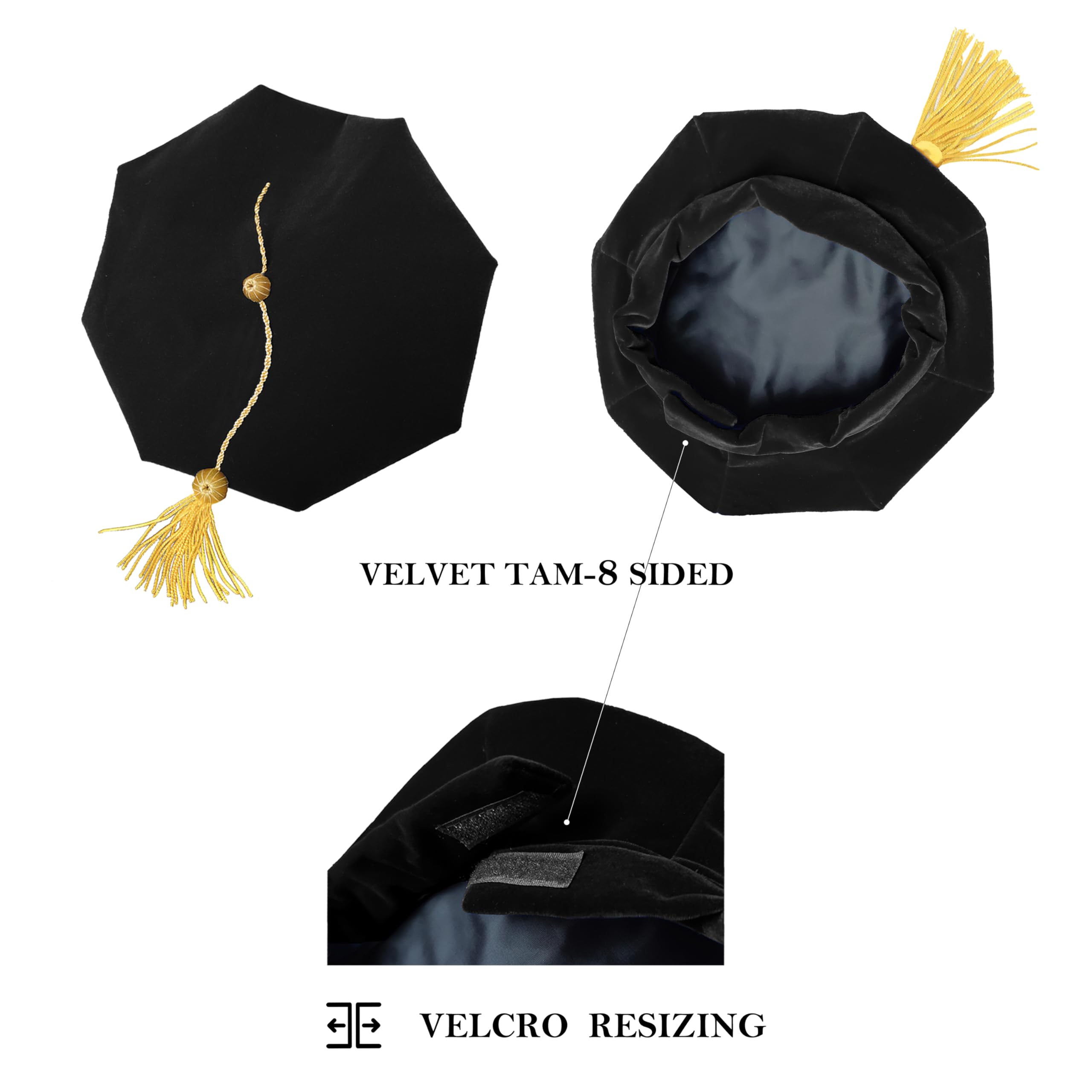 Premium Unisex Doctoral Graduation Gown & 8-Sided Tam Cap Set with Gold Piping - PhD Regalia for Commencement Ceremonies & Academic Celebrations