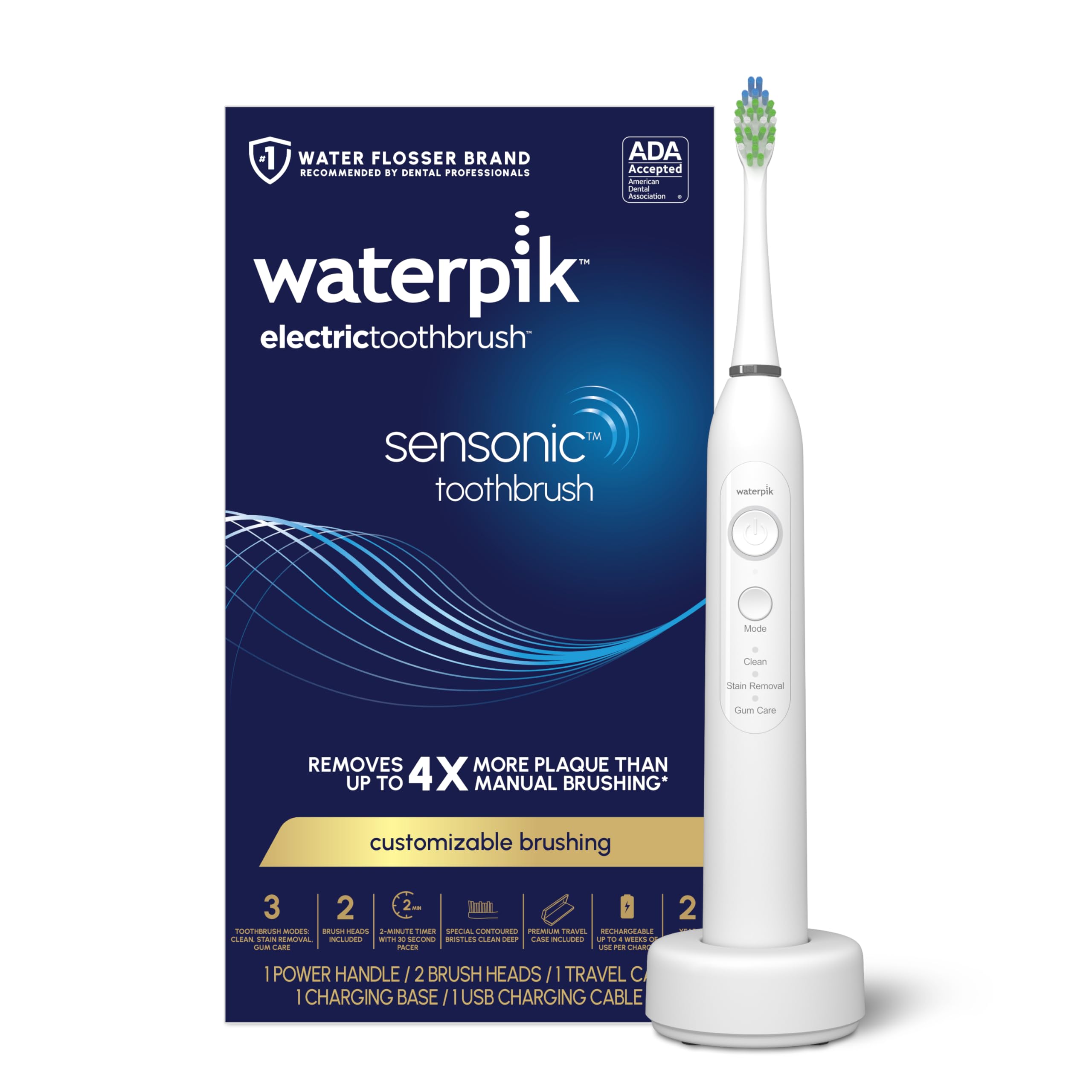 Waterpik Sensonic Sonic Electric Toothbrush for Adults - Rechargeable with 3 Brushing Modes, Travel Case & USB Charger (White STW-03W020) | Perfect for Home, Travel & Daily Oral Care | Packaging May Vary
