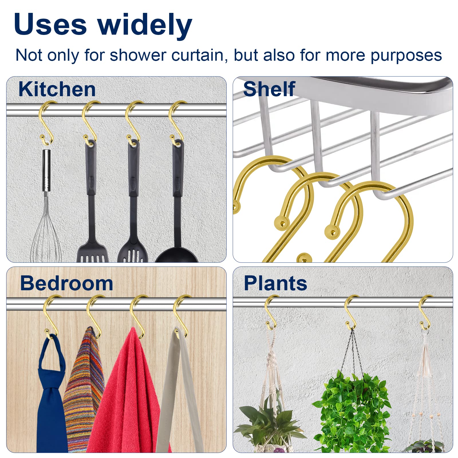 12 Pack Rust-Proof Metal Shower Curtain Hooks - Gold S-Shaped Hangers for Bathroom, Kitchen & Closet - Durable Curtain Rings for Showers, Towels, Clothes & Utensils (Perfect for Home, Dorm & RV Use)