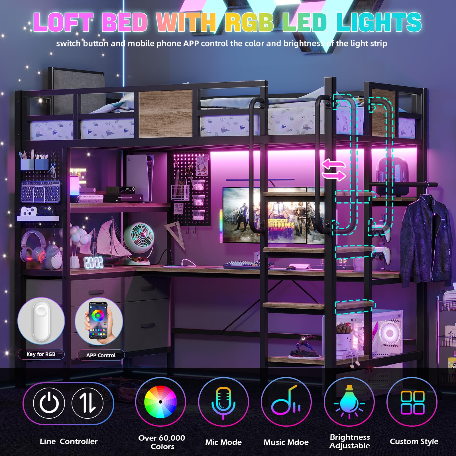 **Twin Size Loft Bed with L-Shaped Desk & Storage - Metal Bunk Bed Frame with Built-in Desk, LED Lights, Charging Station, 5 Drawers, 2 Pegboards & Clothes Rack - Noise-Free, Gray - Perfect for Small Spaces, Dorm Rooms & Kids' Bedrooms**