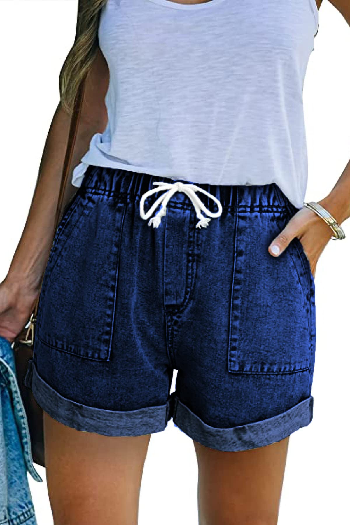 SMENG Women's Casual Denim Shorts - High Waisted Stretch Cotton Jean Shorts with Pockets for Summer | Perfect for Beach, Travel & Everyday Wear