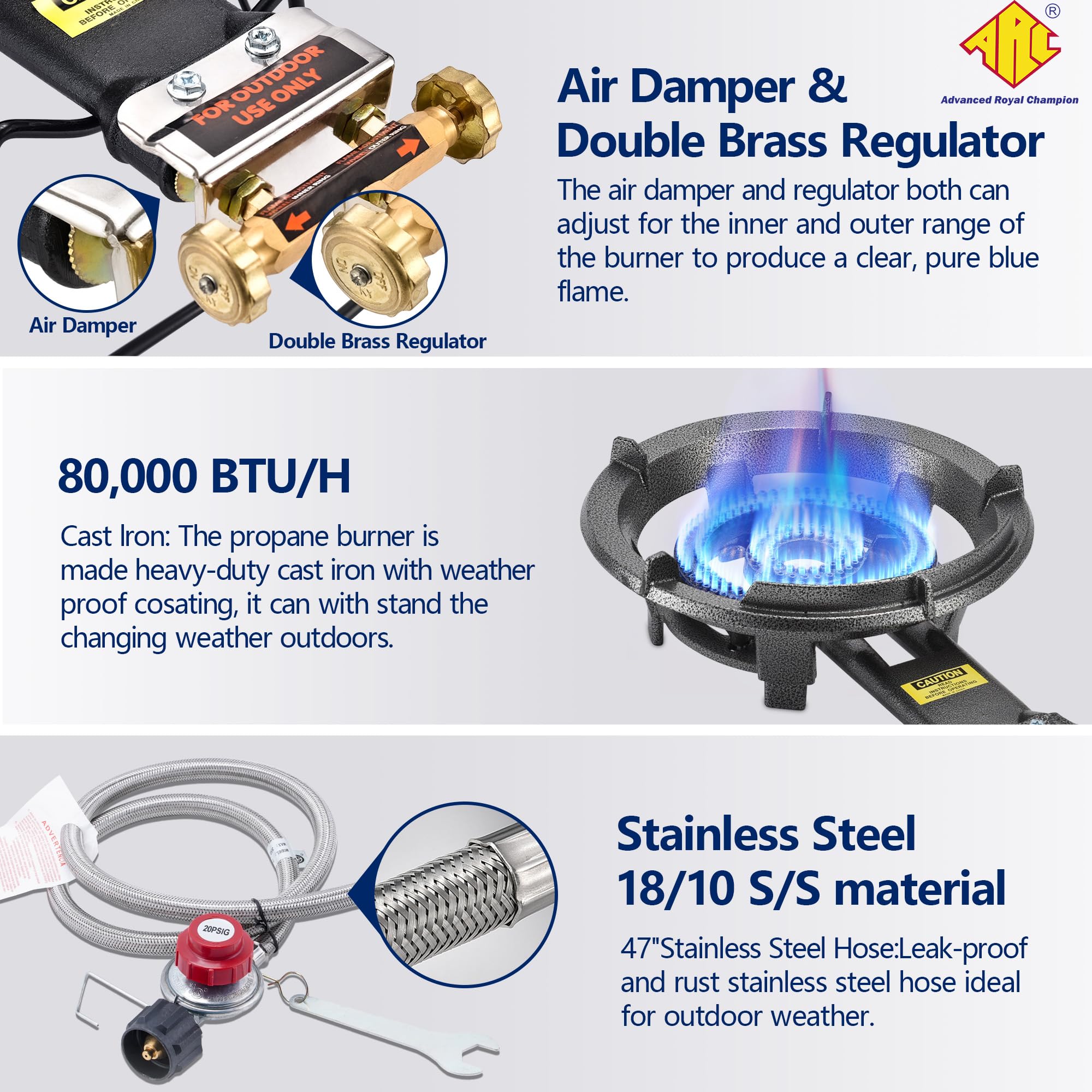 ARC Outdoor Propane Burner Stove - Heavy Duty Cast Iron Portable Single Burner with 0-20 PSI CSA Adjustable Regulator & Stainless Steel Hose - Perfect for Wok Cooking, Camping, Tailgating, and Outdoor Grilling