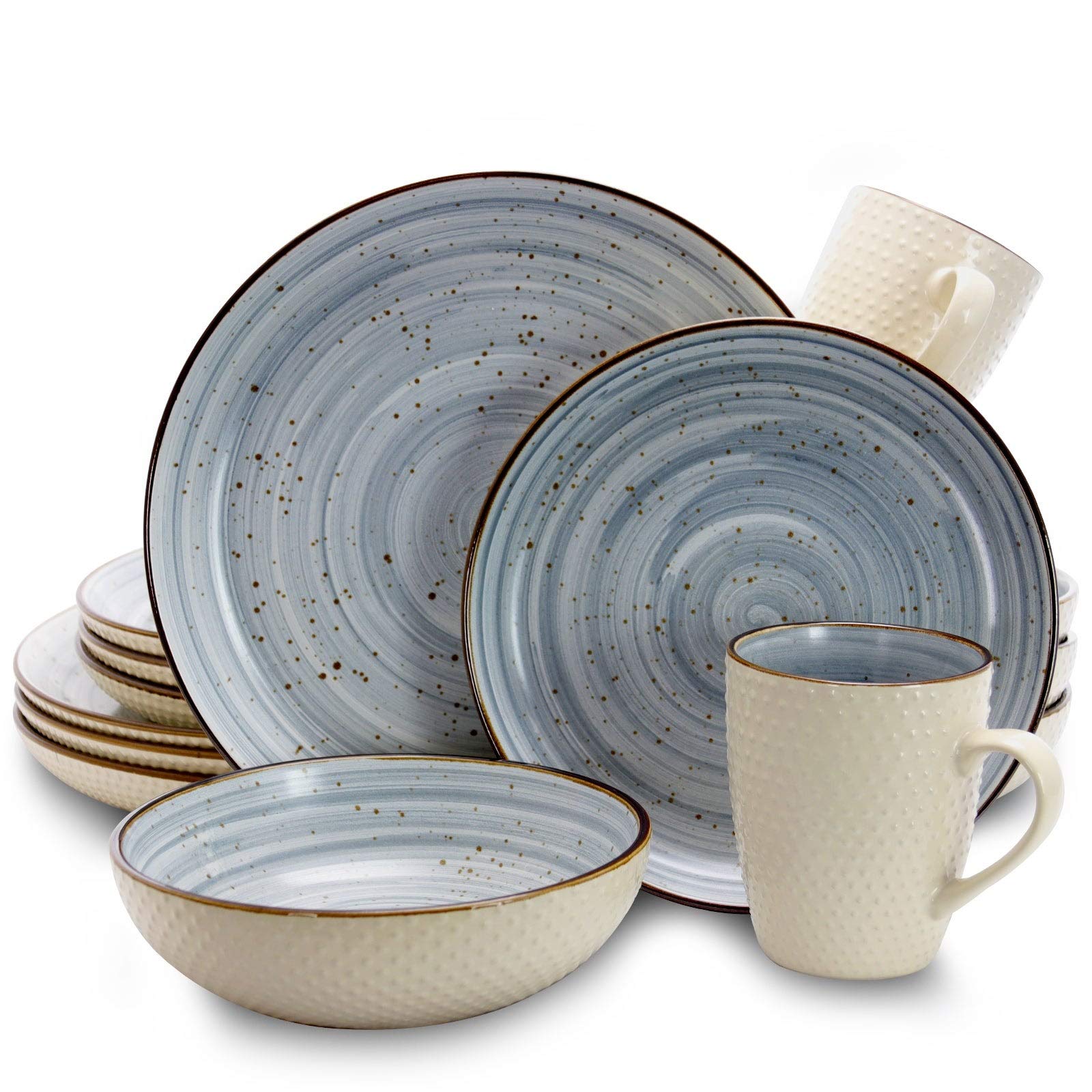 Powder Blue Embossed Dot Two-Tone 16-Piece Dinnerware Set - Textured Stoneware Plates & Bowls, Microwave & Dishwasher Safe - Perfect for Casual Dining, Family Gatherings & Everyday Use