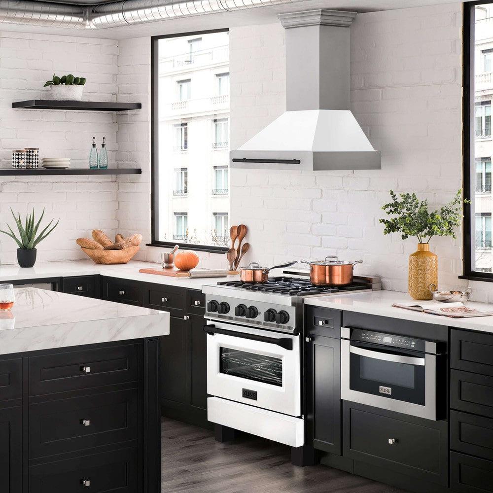 ZLINE Autograph Edition 30 Inch Stainless Steel Range Hood with White Matte Shell & Accent Handle (8654STZ WM30) - Modern Kitchen Ventilation for Home Chefs